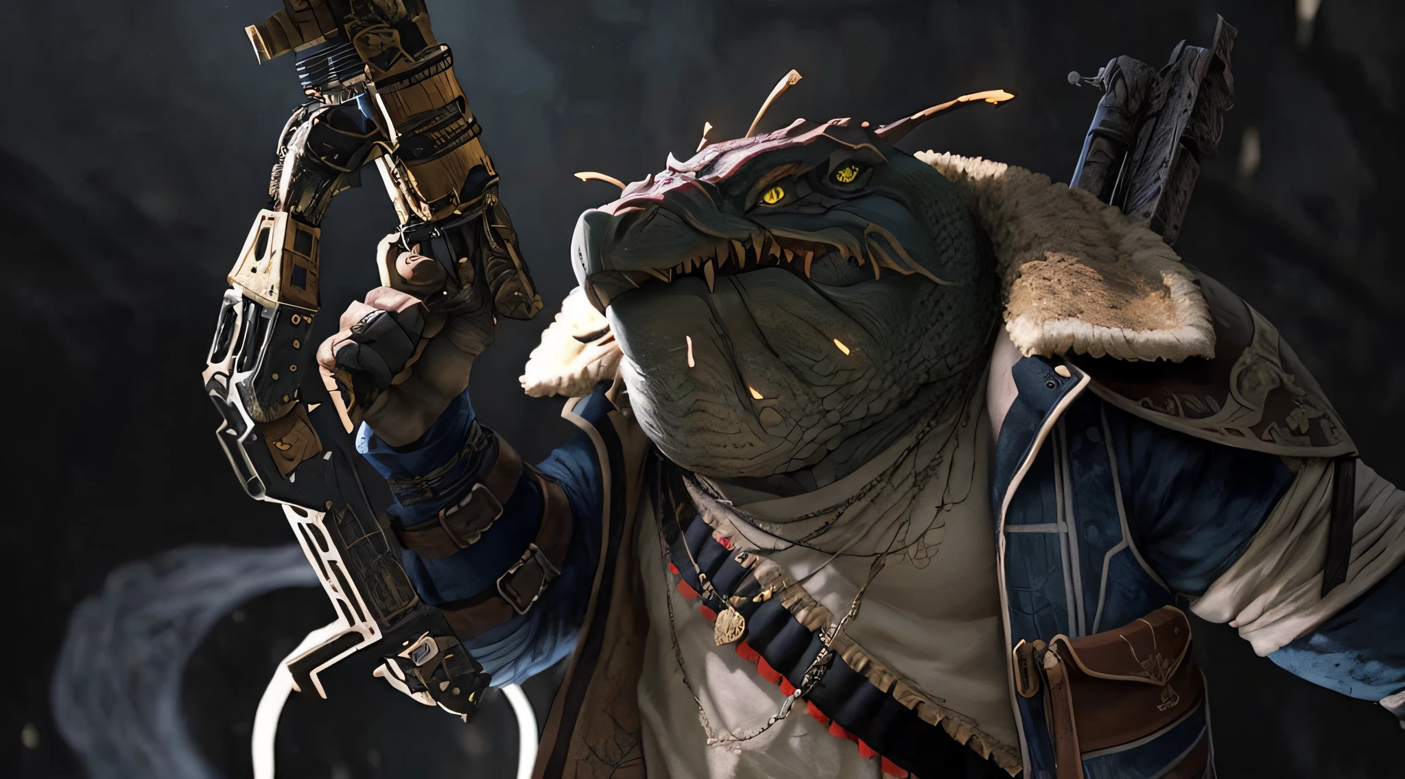 (best quality,ultra detailed) Gnashast, the pirate alien, is depicted with intricate and detailed features. He is characterized by his eccentric and absurd appearance. With two eyes positioned on his sides, his unique and otherworldly nature is emphasized. As a true pirate, he carries a weapon on his back, providing an air of danger and adventure. In his hand, he firmly grips another weapon, ready for action.
The artwork showcases the astounding quality and attention to detail, capturing every aspect of Gnashast's appearance. The painting technique used is of the highest quality, allowing for a realistic portrayal of textures and surfaces. Every line and stroke are meticulously executed, resulting in an ultra-detailed and visually captivating image.
Set against a vivid and contrasting background, Gnashast's vibrant and dynamic colors pop out, enhancing the overall visual impact of the artwork. The lighting is carefully crafted to highlight the features and depth of the character, giving the composition a sense of drama and intensity.
Through this artwork, the artist explores the realm of absurdity, infusing it with high-quality craftsmanship and an abundance of intricate details. The portrayal of Gnashast, the pirate alien, serves as a testament to the artist's creativity and skill, creating a visually stunning masterpiece.