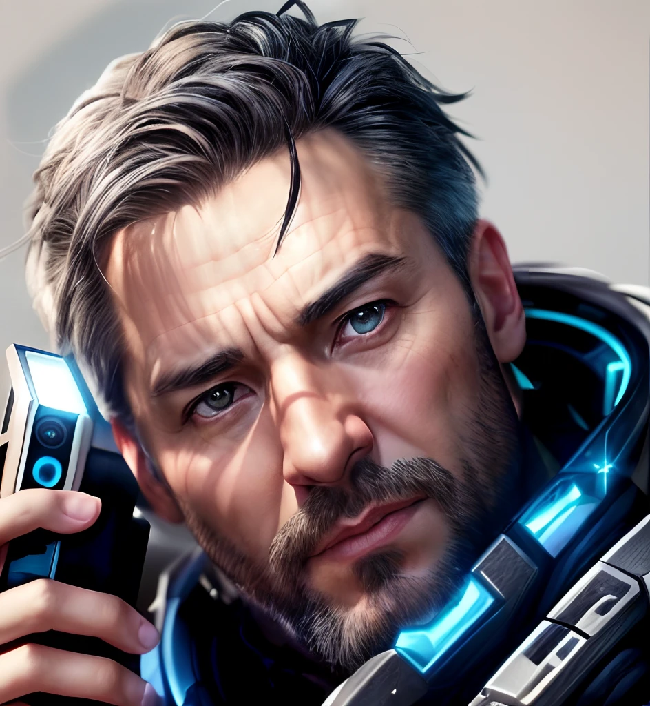 a close up of a man holding a cell phone in his hand, unreal 5. rpg portrait, epic sci-fi character art, epic sci - fi character art, portrait of apex legends, epic scifi character art, avatar image, art portrait of a space marine, stefan koidl inspired, hyper realistic sci fi realistic, photorealistic artstyle, scifi art