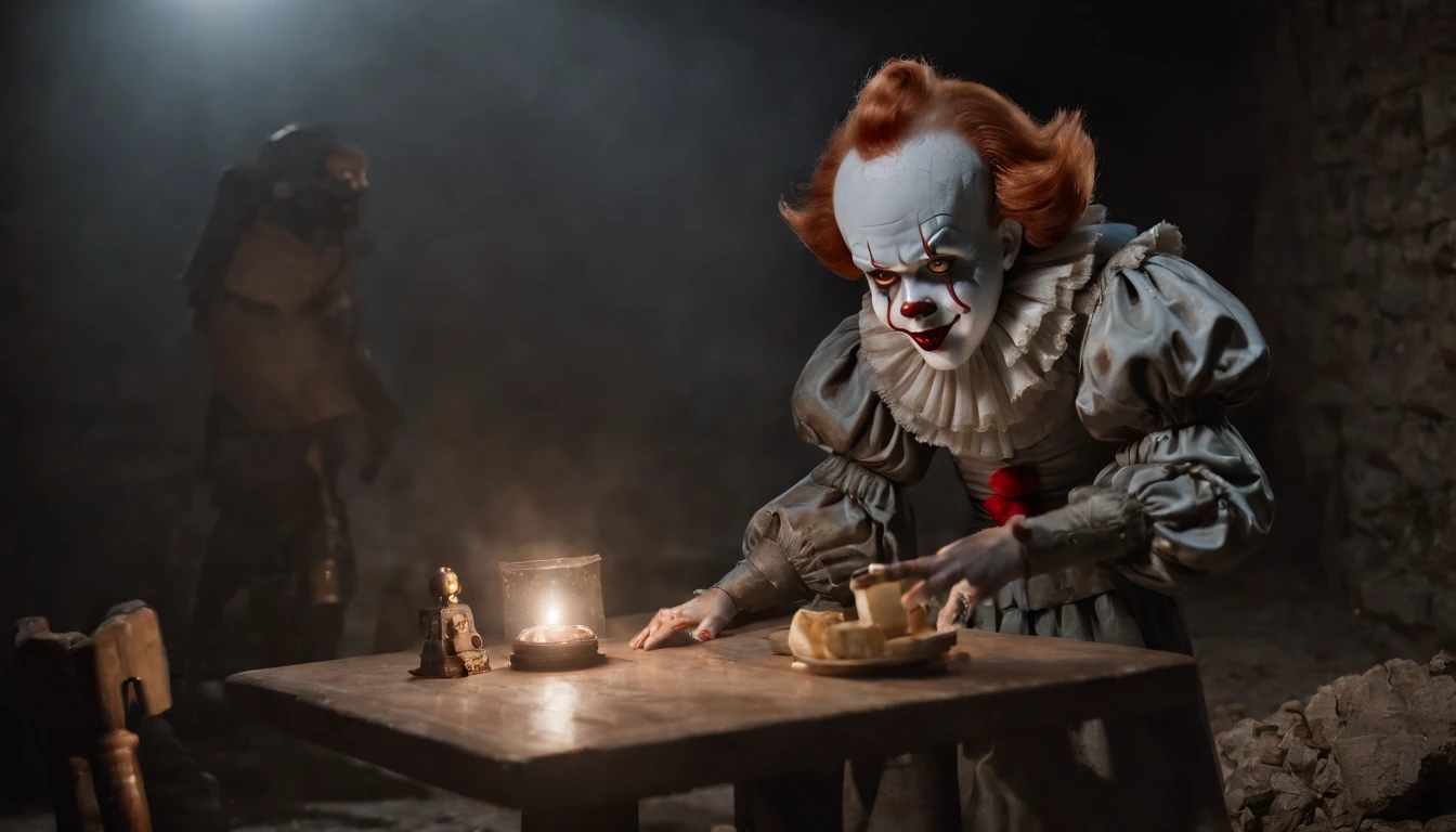 Adult robot man as pennywise, efeito vhs, (poster: 1.6), poster on the wall, terror, horror movie poster, horror, assustador, detalhes escuros, hiperdetalhado, blood tracing, Subsurface dispersion, heavy lighting for the dark, raso profundidade de campo, jorrando sangue, noite, trevas, darkeness, assassino, risada, dentes longos, big hand, jogando dado, rpg, rpg de mesa, jogando dados na mesa, mesa com dados, livro, dados sendo jogados, D20, dado de 20 lados, Children in the background, medo, children with fear, narrando jogo, narrando rpg, jogando dados de rpg, mestrando rpg, rpg de mesa, children with fear, children listening in fear, pennywise rindo, dados de 6 lados, children with data