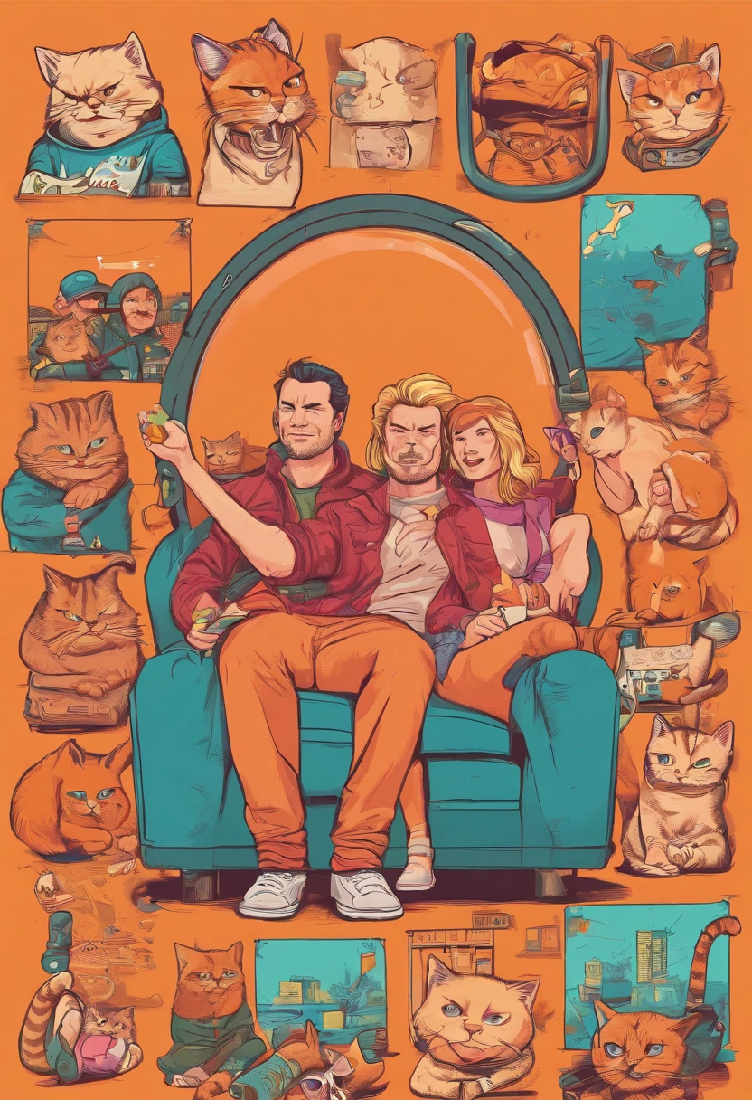 A crew, family and friends, two men's and 4 women's,and a cat, orange cat