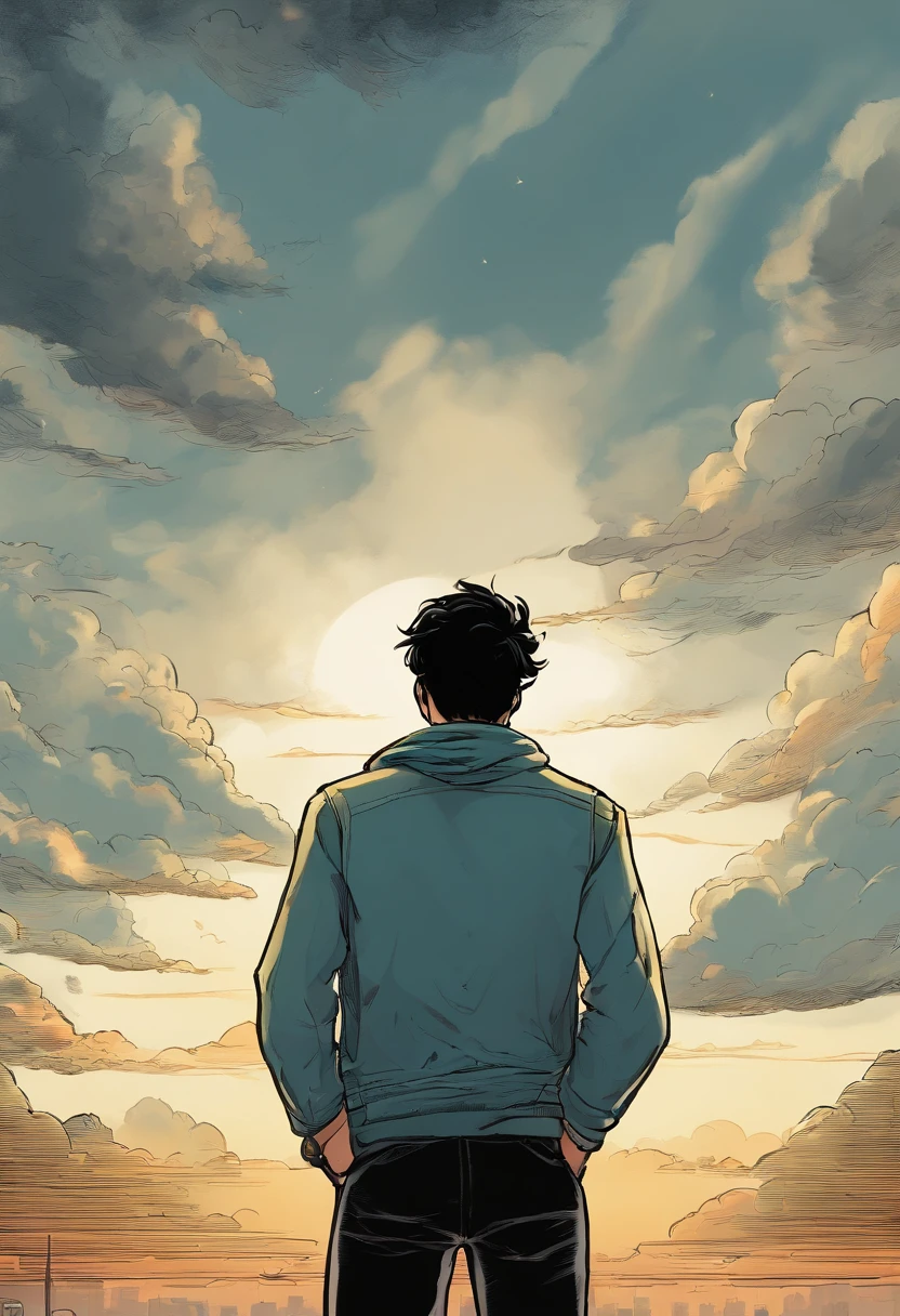 "A young man with black hair, his back turned, gazing up at the dark and cloudy sky in the foreground. The young man will be positioned in the lower left corner, with most of the image filled with clouds.
