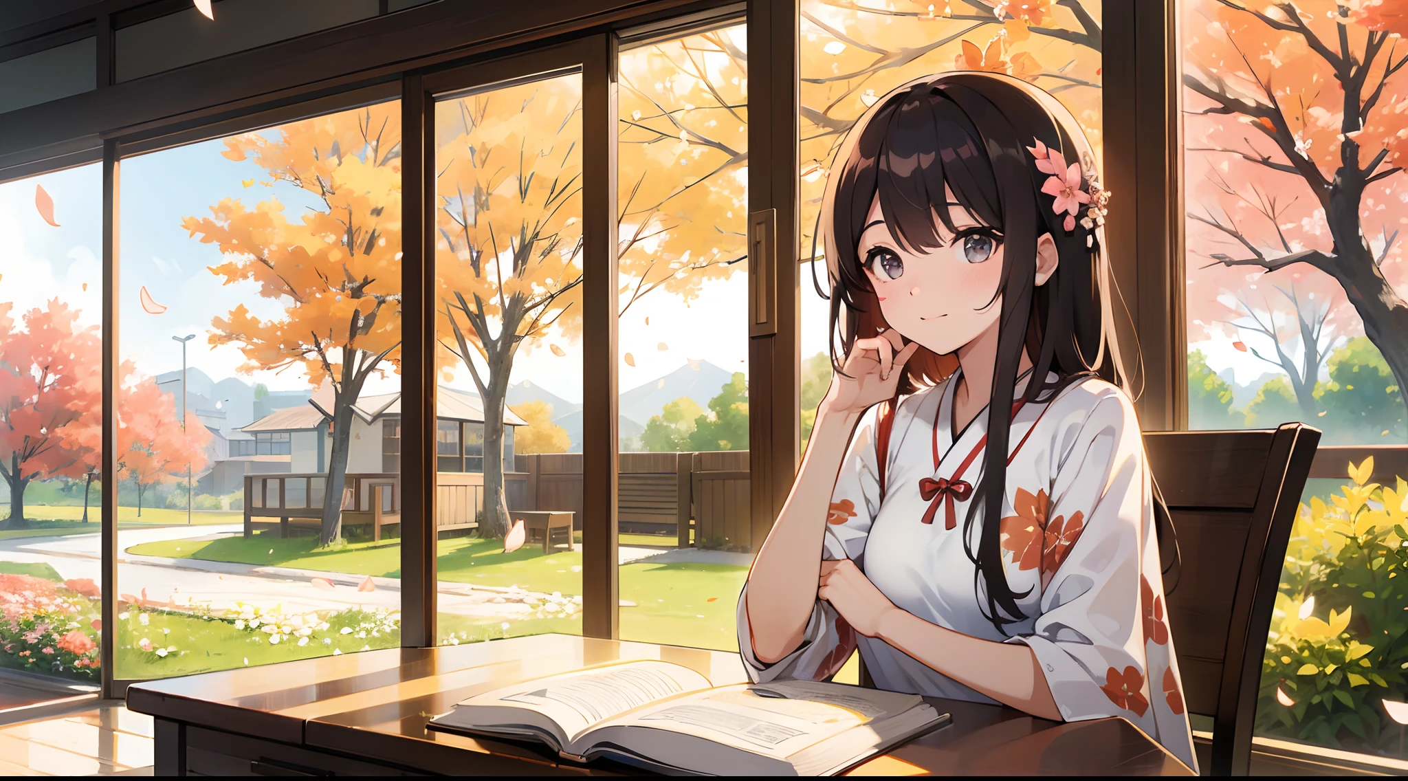 photoRealstic、Sit at your desk and enjoy studying with friends、up of face、Floral dress、flower petals、season!!: 夏天☀ 🍂