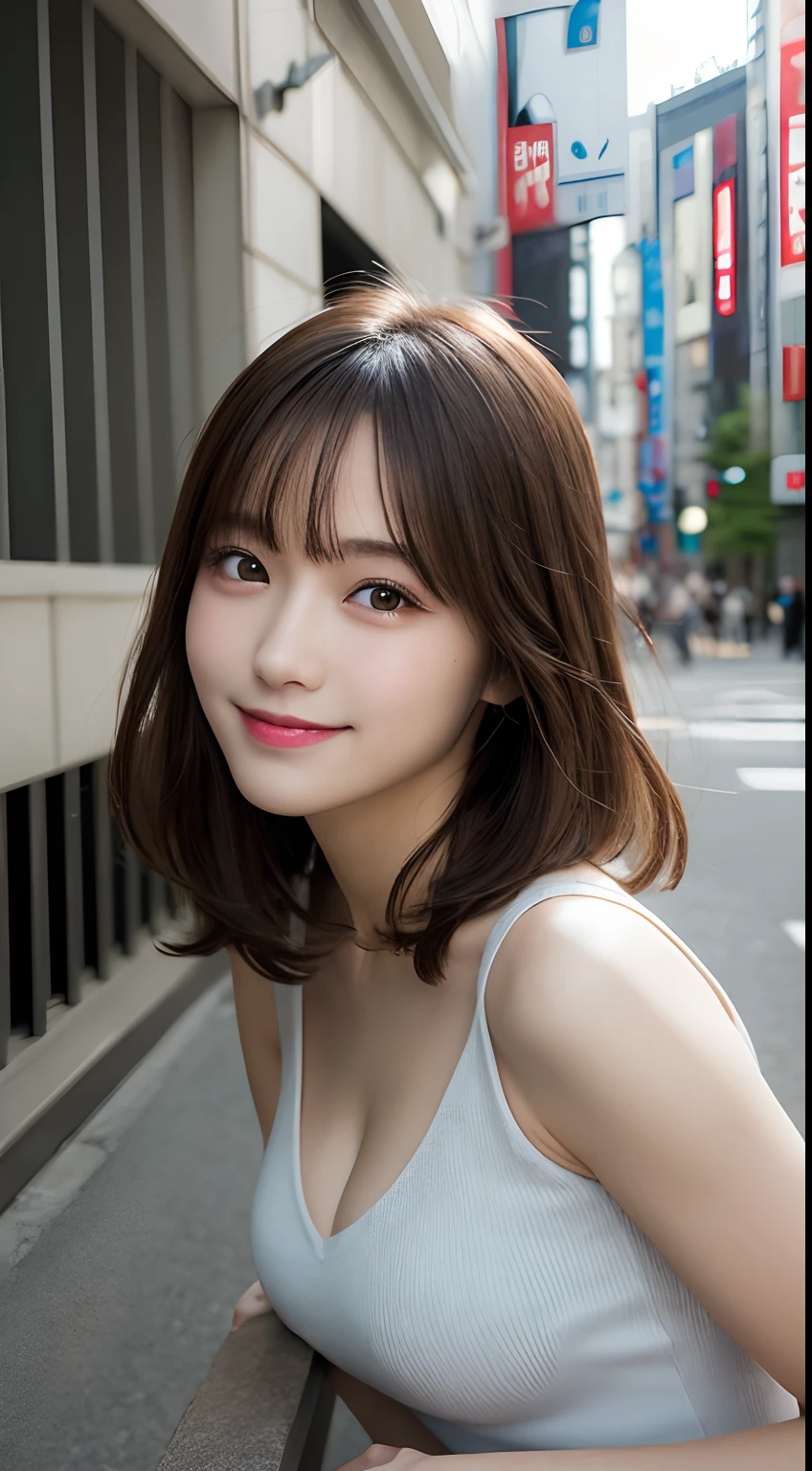 masutepiece, Best Quality, Illustration, Ultra-detailed, finely detail, hight resolution, 8K Wallpaper, Perfect dynamic composition, Beautiful detailed eyes, Women's Fashion Summer,Short bob hair, large boob, Natural Color Lip, Bold sexy poses, Smile, Harajuku, 20 years girl, Cute, Sexy shot looking at camera