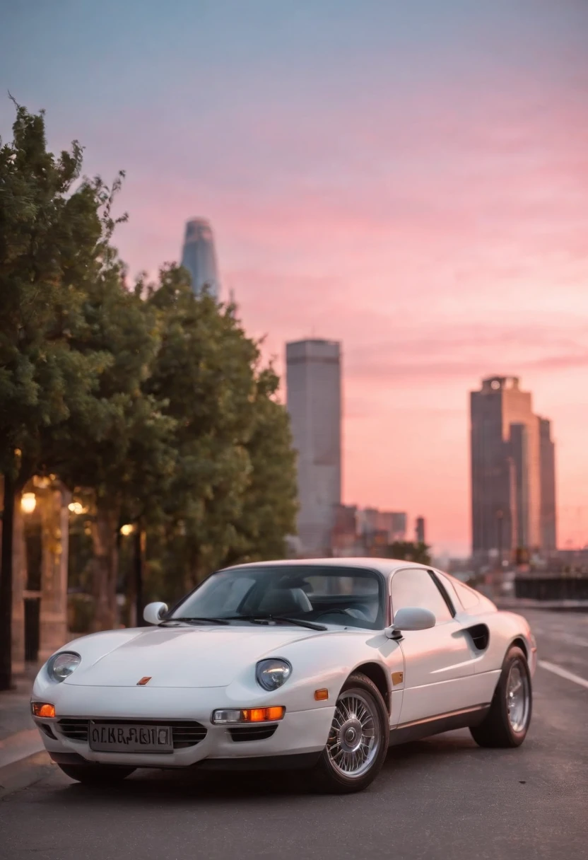 A {White|black|Red|Blue|Pink) The car was parked on the side of the road :: Pink sunset and city in background :: 1980 :: Luxury style :: ultra - detailed : Ultra photo realsisim :: Cinematic :: Neon lighting :: illusory engine :: RTX --ar 2:3, (V A  female Z2113),