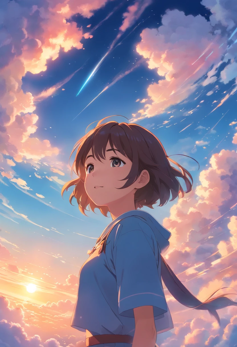 masterpiece, best quality, movie still, 1girl, cloud girl, floating in the sky, close-up, bright, happy, warm soft lighting, sunset, (sparks:0.7)