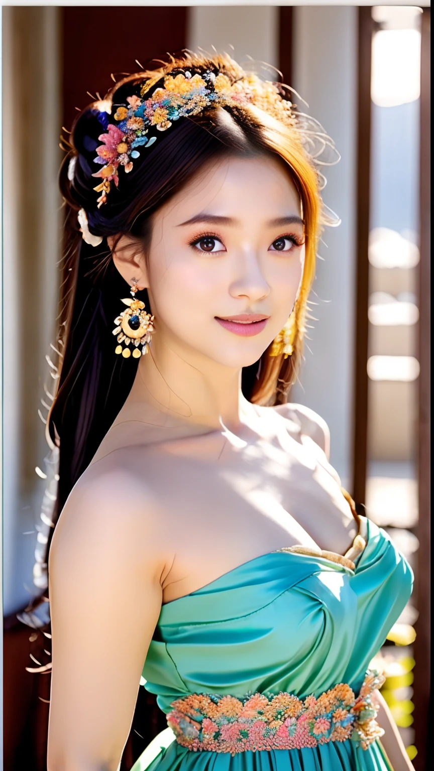 (melhor qualidade,Altas,master part:1.2),Realistic,circunstanciado,penteado de coques duplos,Mulher coreana bonita,Azul oceano,Vestido Azul da princesa com cinto da arma,(lama) Estilo,efeito slime hair,spicy-looking,Cena chamativa,captivating facial features,ethereal ambiance,vivid colors,Detalhes cuidadosamente elaborados,pincelada meticulosa,studio lighting,Fundo de sonho,texturas delicadas,magical ambiance