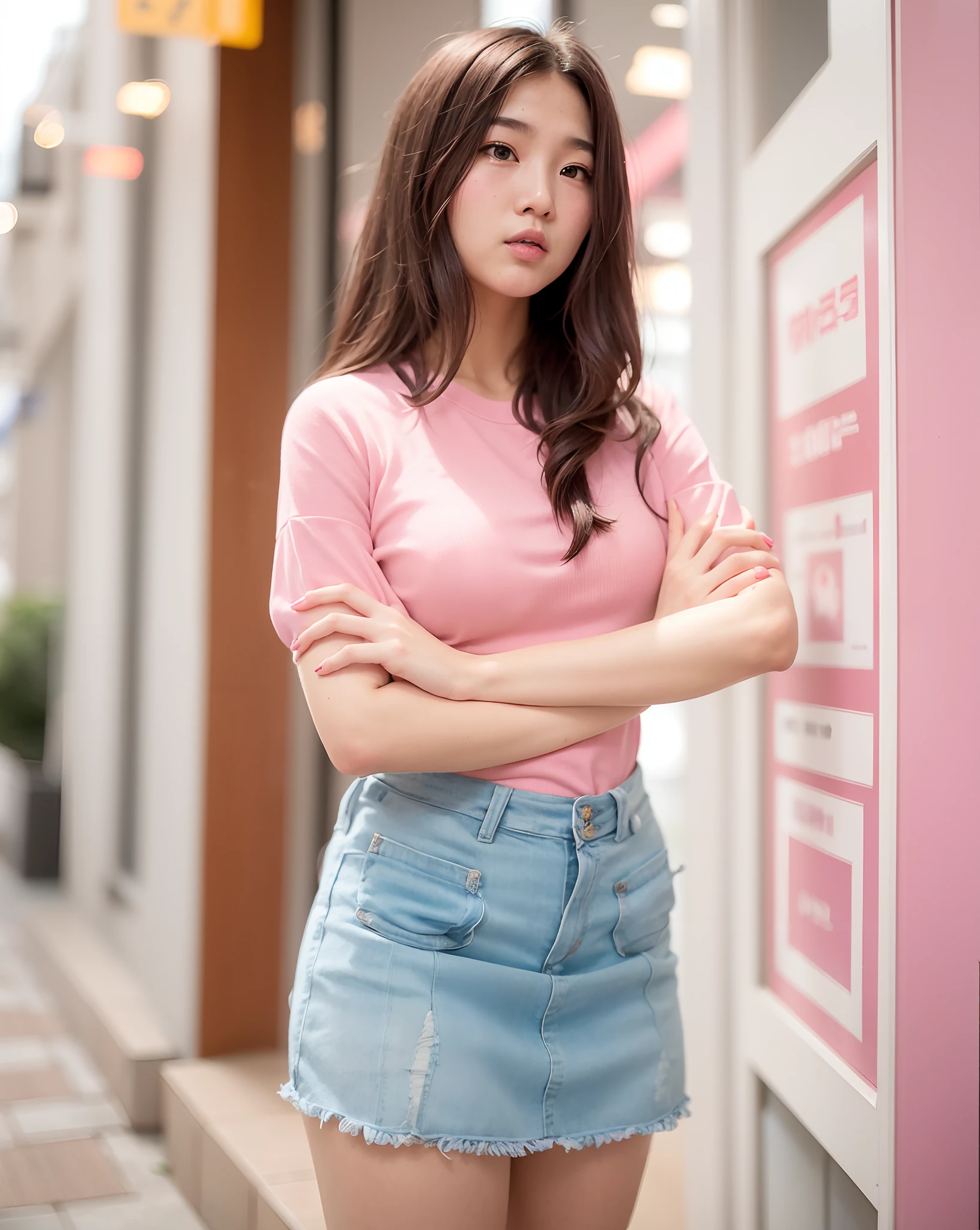 arafed woman in a pink shirt and blue skirt posing for a picture, f / 1. 9 6. 8 1 mm iso 4 0, korean girl, asian girl, pink girl, photo of slim girl model, anime thai girl, beautiful young korean woman, young asian girl, attractive girl, casual pose, photo of slim girl, sexy girl,  women korean model