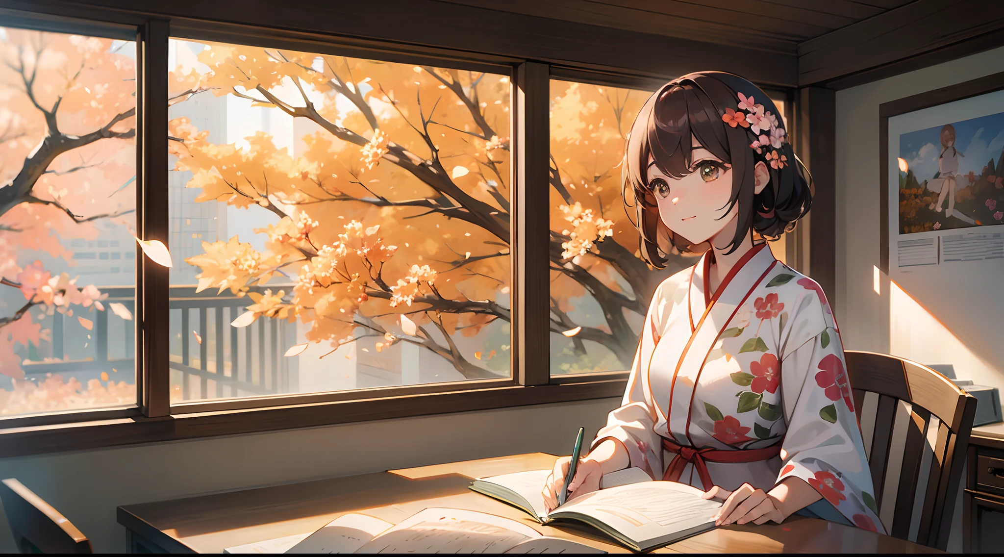 photoRealstic、Sit at your desk and enjoy studying with friends、up of face、Floral dress、flower petals、season!!: 夏天☀ 🍂