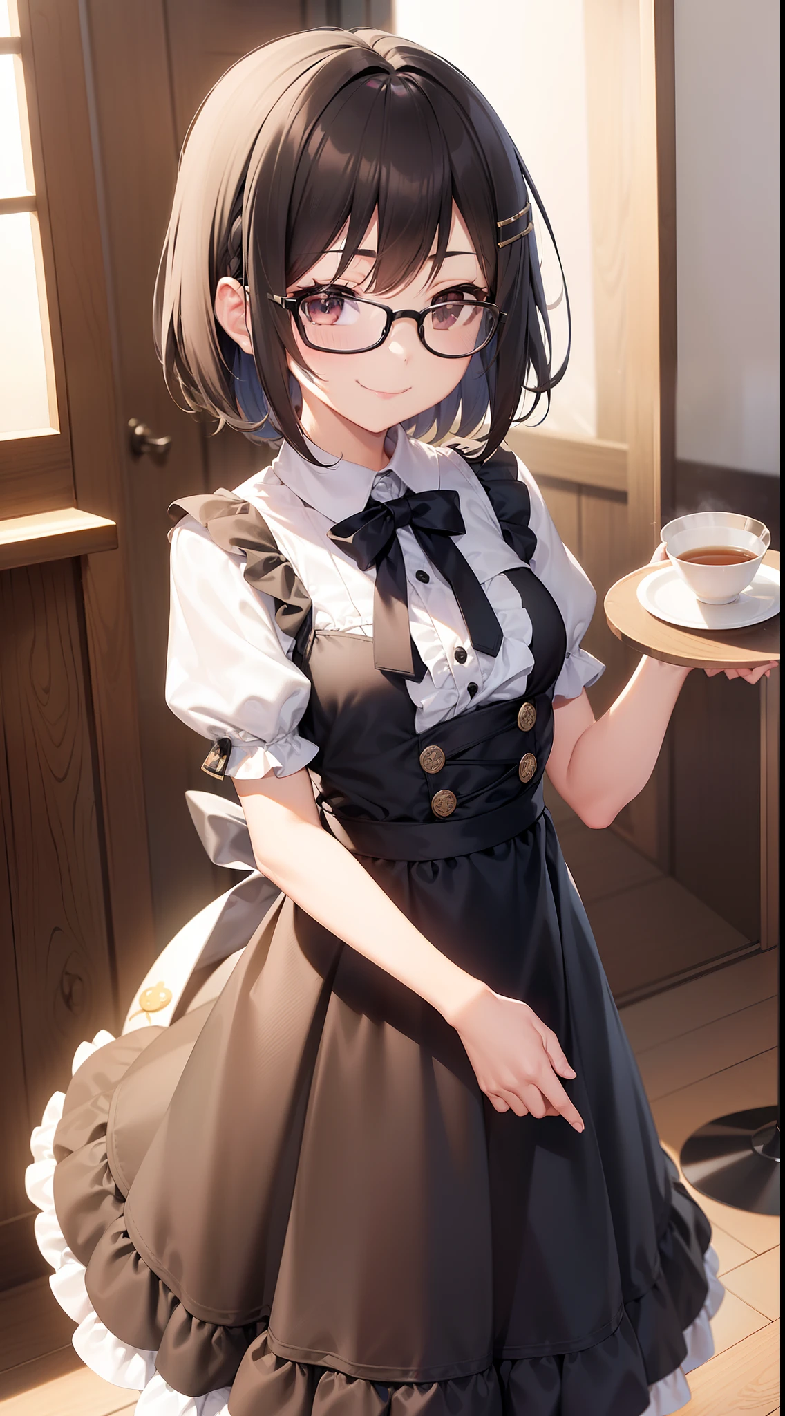 (masutepiece, Best Quality, Capture super cute moments, depth of fields, ultra-detailliert, Ultra High Resolution, C4D, Octadale, 3D Modeling, 8K, 16 K, one girls、a 、A dark-haired、short-hair、straight haired、Light brown eyes,hair adornments、wearing black glasses、A smile)、Waitress、tea shop