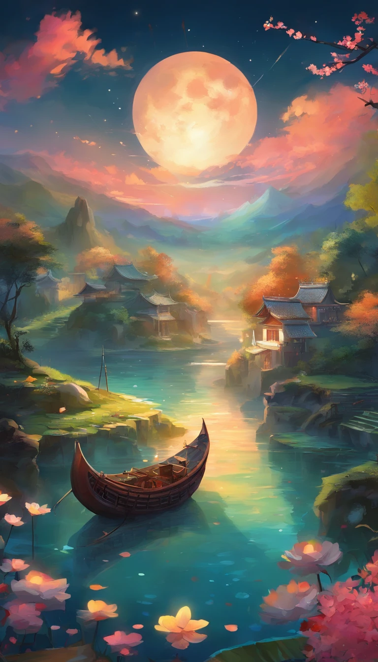 Night view of the old town,Seek and find,cheerless,The moon falls, the crescent moon falls into the lonely well,Fragmented,Bit by bit,There are flowers in dreams, green meadows in dreams,Long hair causes ripples,Shirabu Shishiiso,Kappa poles swing the boat,Crossing the ancient rare,(Small rivers),(Ancient boats),(There is a bright full moon in the distant night sky),(nighttime scene),(Ink painting style),8k wallpaper,cinema4d,Cinematic lighting effects,Tyndall,rendering by octane,White balance,Unreal 5,Extremely detailed picture,light particules,depth of fields,tmasterpiece,realisticlying,Mantra composition