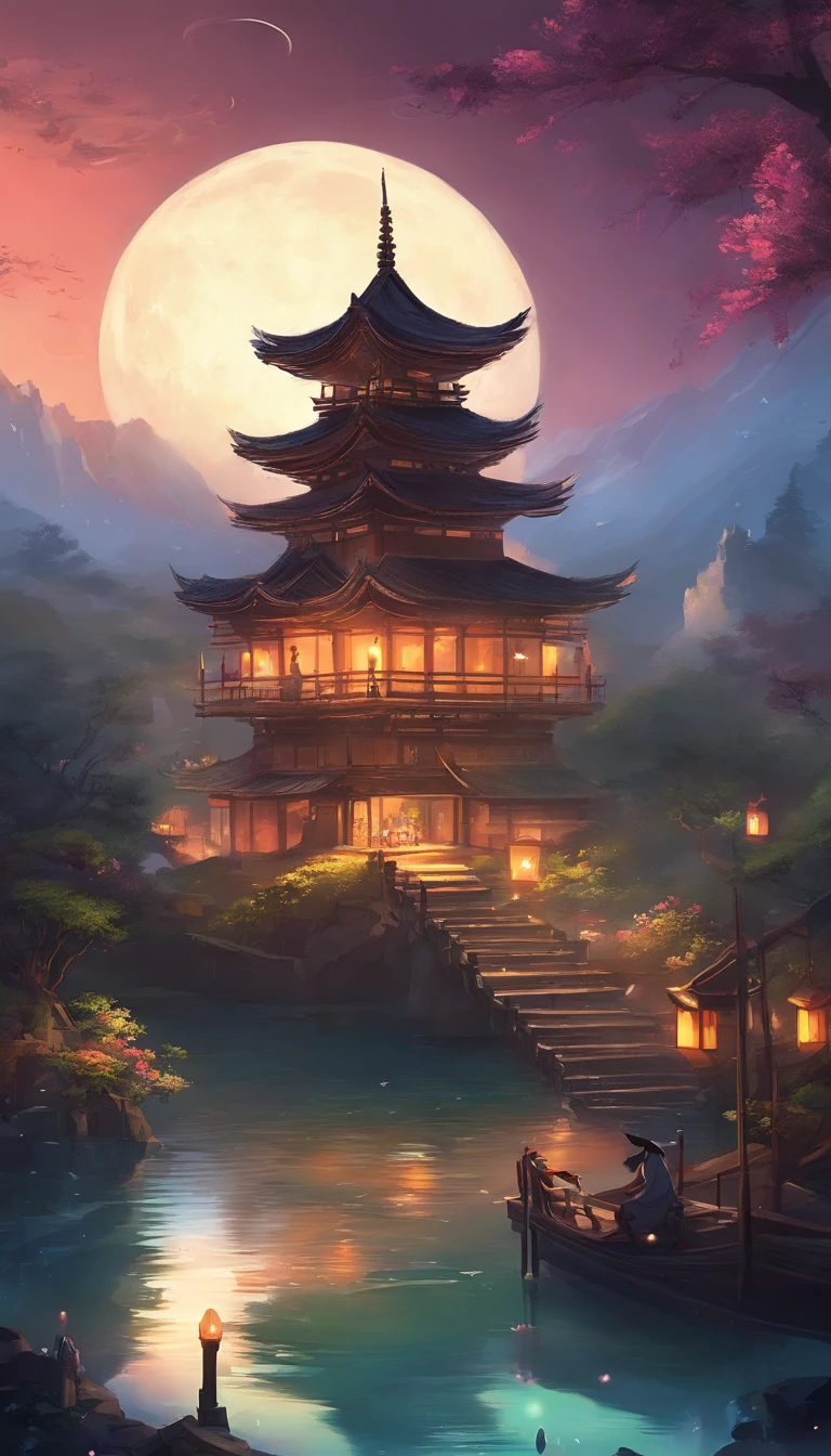 Night view of the old town，Seek and find，cheerless，The moon falls, the crescent moon falls into the lonely well，Fragmented，Bit by bit，There are flowers in dreams, green meadows in dreams，Long hair causes ripples，Shirabu Shishiiso，Kappa poles swing the boat，Crossing the ancient rare，（Small rivers），（Ancient boats），（There is a bright full moon in the distant night sky），（nighttime scene），（Ink painting style），8k wallpaper，cinema4d，Cinematic lighting effects，Tyndall，rendering by octane，White balance，Unreal 5，Extremely detailed picture，light particules，depth of fields，tmasterpiece，realisticlying，Mantra composition