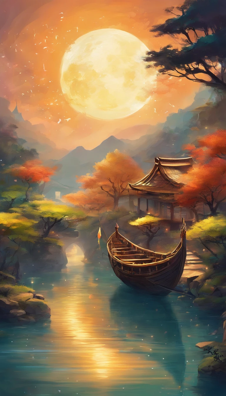 Night view of the old town,Seek and find,cheerless,The moon falls, the crescent moon falls into the lonely well,Fragmented,Bit by bit,There are flowers in dreams, green meadows in dreams,Long hair causes ripples,Shirabu Shishiiso,Kappa poles swing the boat,Crossing the ancient rare,(Small rivers),(Ancient boats),(There is a bright full moon in the distant night sky),(nighttime scene),(Ink painting style),8k wallpaper,cinema4d,Cinematic lighting effects,Tyndall,rendering by octane,White balance,Unreal 5,Extremely detailed picture,light particules,depth of fields,tmasterpiece,realisticlying,Mantra composition