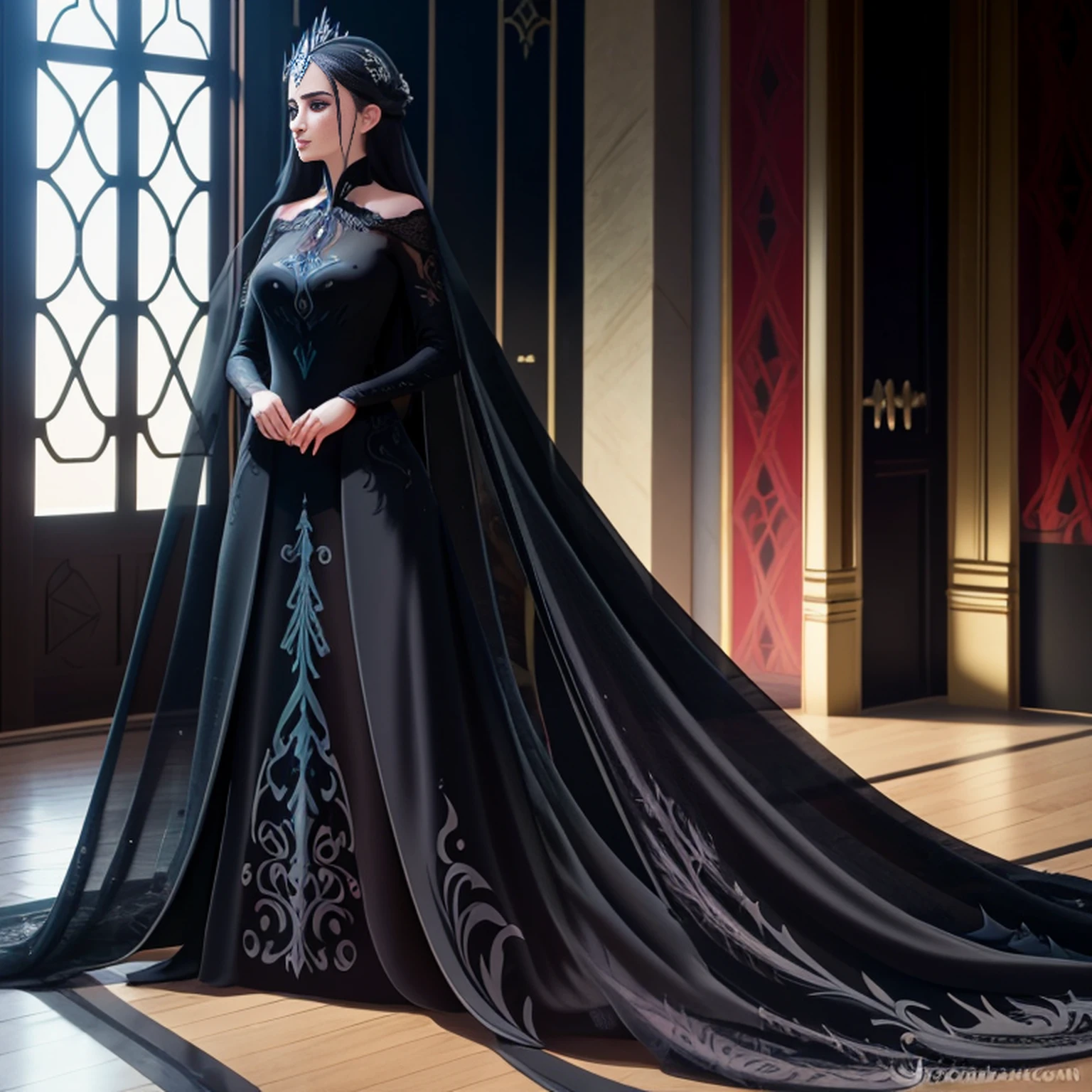 there is a woman in a black dress standing on a rock, Garota Anime usando um vestido preto, fantasy style clothing, vestido longo preto escuro, an elegant gothic princess, Xianxia de corpo inteiro, Sha Xi, uma mulher elegante no vestido preto, por Yang J, wearing a gothic dress, linda senhora, vestido preto escuro, flowing black gown, usando roupas formais de fantasia