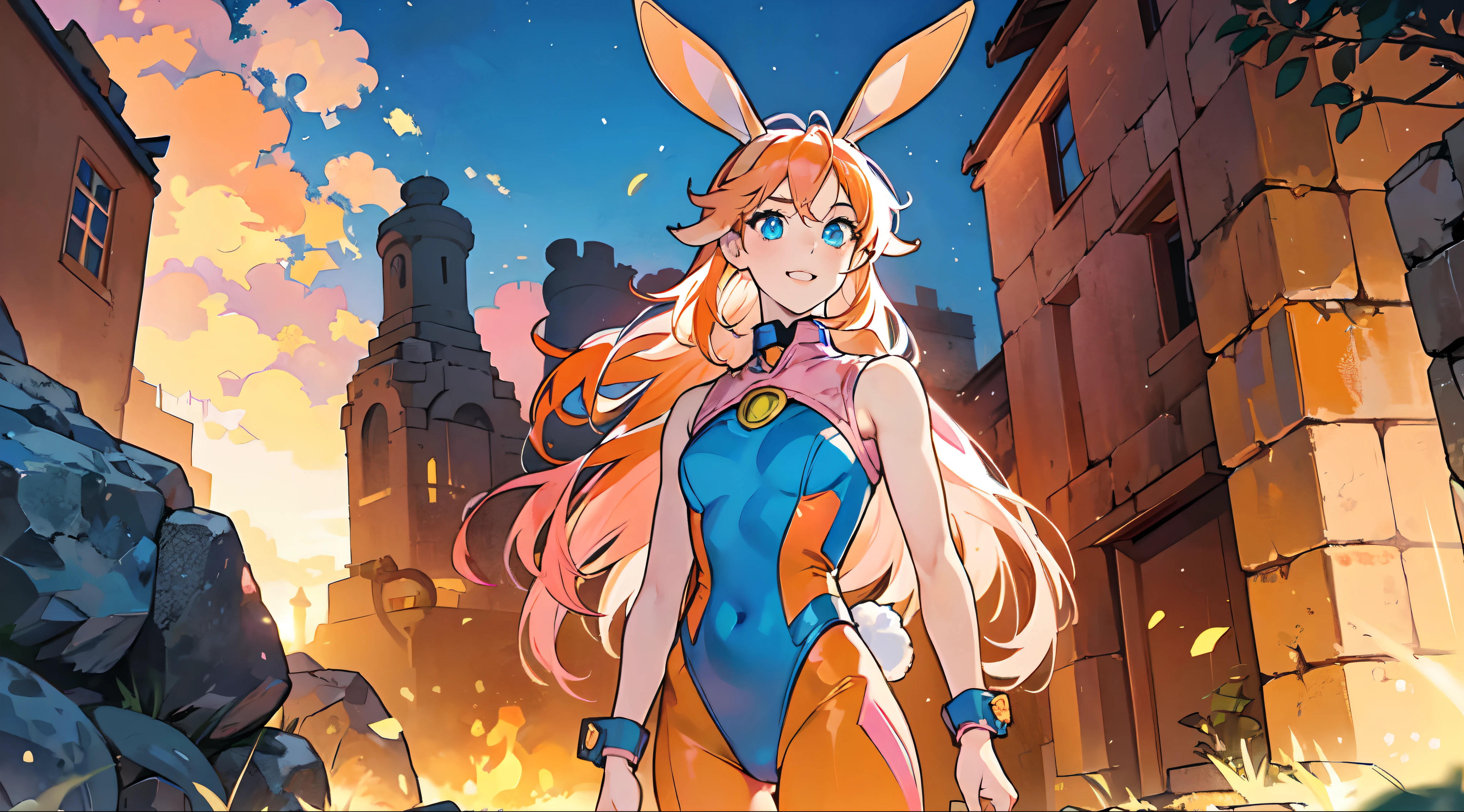 ((Best Quality)), ((Masterpiece)), ((Realistic)) 1woman, cute face, determined look, smile, adult mature female (spiky orange-pink hair, ((orange-pink mullet 1.1)), (mid length hair), blue eyes, (white/yellow pupil,) hero, sleeveless blue spandex bodysuit, long orange-pink (((rabbit ears,))) desert village, tbcc illustration, standing in a villa doorway, night, middle eastern,