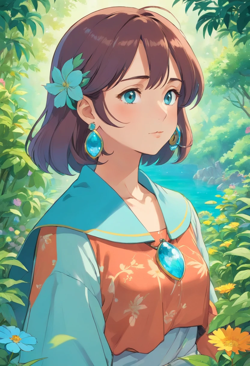 a girl wearing an anime collar, a long necklace and earrings, in the style of tranquil gardenscapes, colorful animation stills, masami teraoka, aquamarine, paul gauguin, Embry style, honest portrayal
