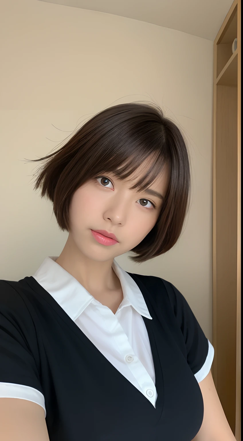 (8K, tmasterpiece:1.3)), full body Esbian, Focalors:1.2, Perfect figure beautiful woman:1.4, Slim abs:1.1, ((dark brown hair, large tities:1.2 )), (Harnes,The shirt,Sidehead:1.2,), ((apartament, :1.3)), Highly detailed facial and skin texture, A detailed eye, 二重まぶた,Short-cut hair,girl's room