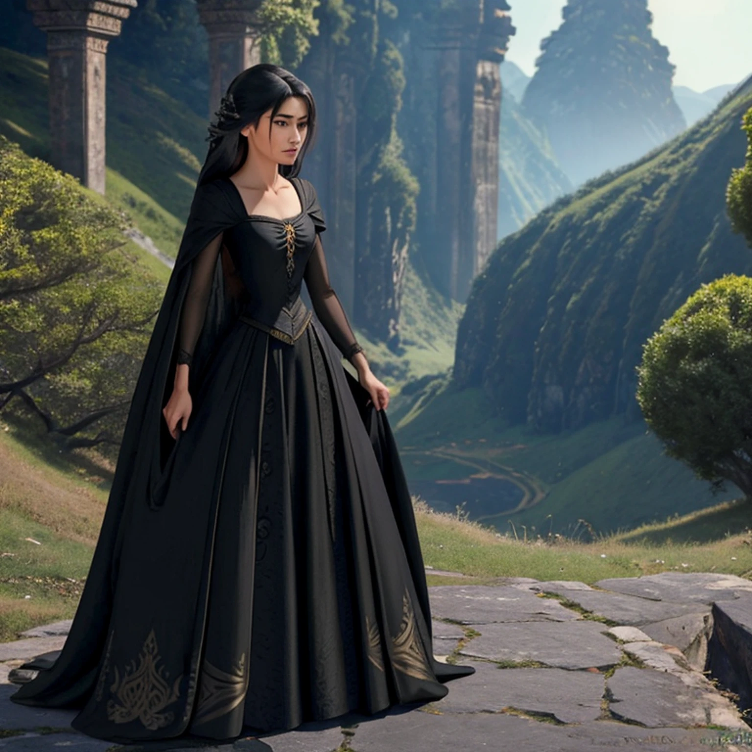 photo, zrpgstyle, medieval portrait fantasy evil wizard girl black hair with (raven:1.3) familiar glorious elaborate ornate dark robes standing in a detailed luxurious stone castle Game of Thrones Hogwarts bright morning light from window, (masterpiece:1.2) (illustration:1.1) (best quality:1.2) (detailed) (intricate) (8k) (HDR) (wallpaper) (cinematic lighting) (sharp focus)