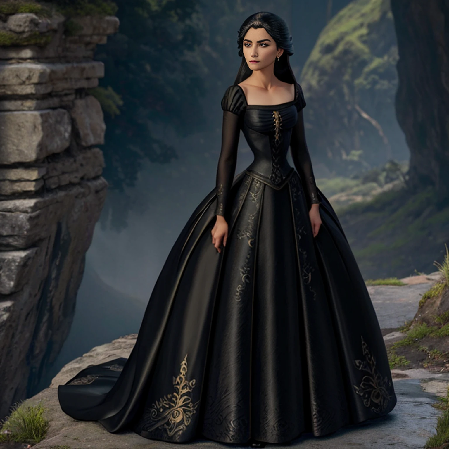 there is a woman in a black dress standing on a rock, Garota Anime usando um vestido preto, fantasy style clothing, vestido longo preto escuro, an elegant gothic princess, Xianxia de corpo inteiro, Sha Xi, uma mulher elegante no vestido preto, por Yang J, wearing a gothic dress, linda senhora, vestido preto escuro, flowing black gown, usando roupas formais de fantasia