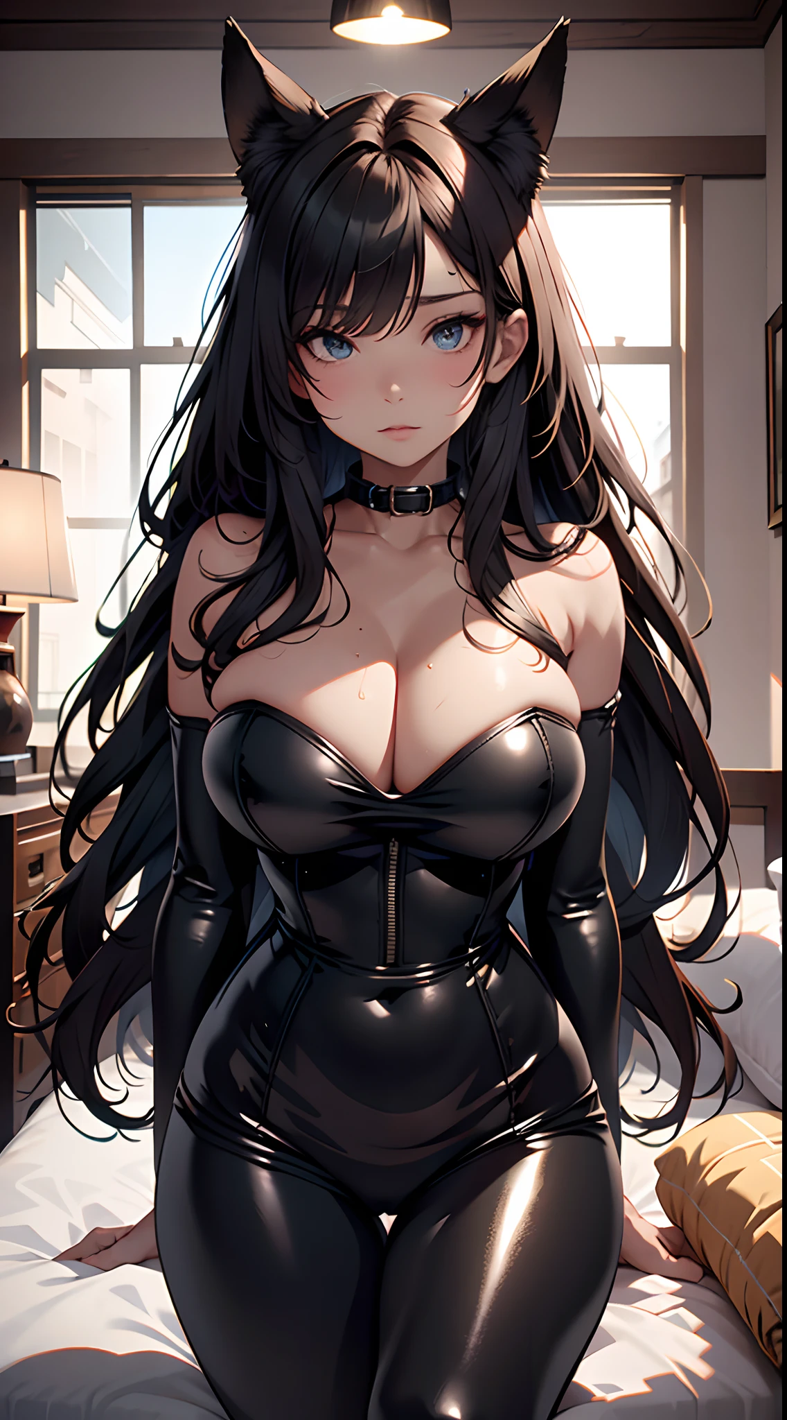 Shackles, BDSM, slave, rubber, black corset, catsuit, collar, nsfw, ((highest quality, 8k, masterpiece: 1.3)), crisp focus: 1.2, 1girl, peaceful expression, fox ears, wet body: 1.5, highly detailed face and skin texture, detailed eyes, double eyelids, long hair, ridiculously large breasts, bedroom