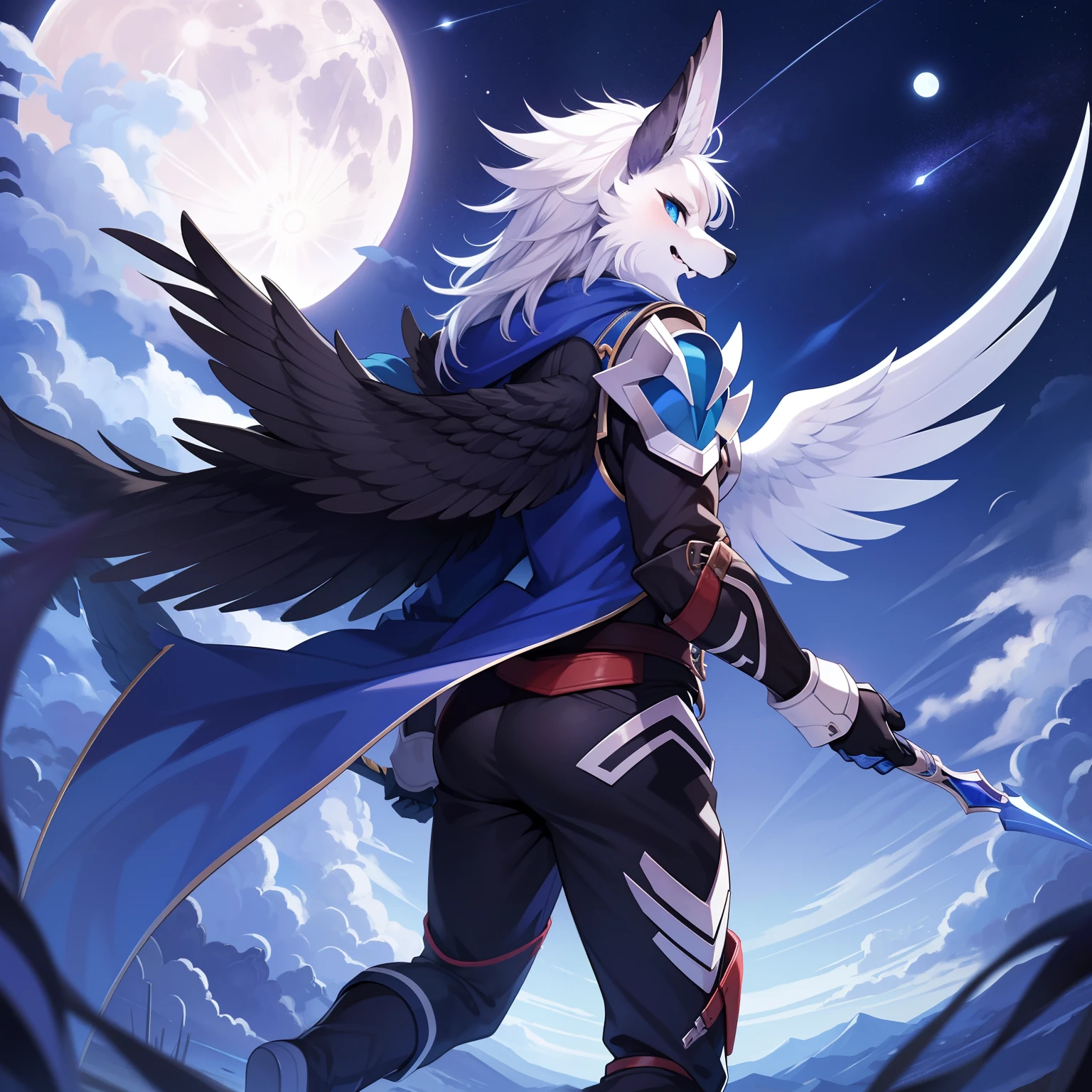 （tmasterpiece）（Best Picture Quality）Moon Night，Back Shadow，Turn Back，Clear the face，blue color eyes，hawk，young  male，Animal，army suit，Moon background，Fill light，furry