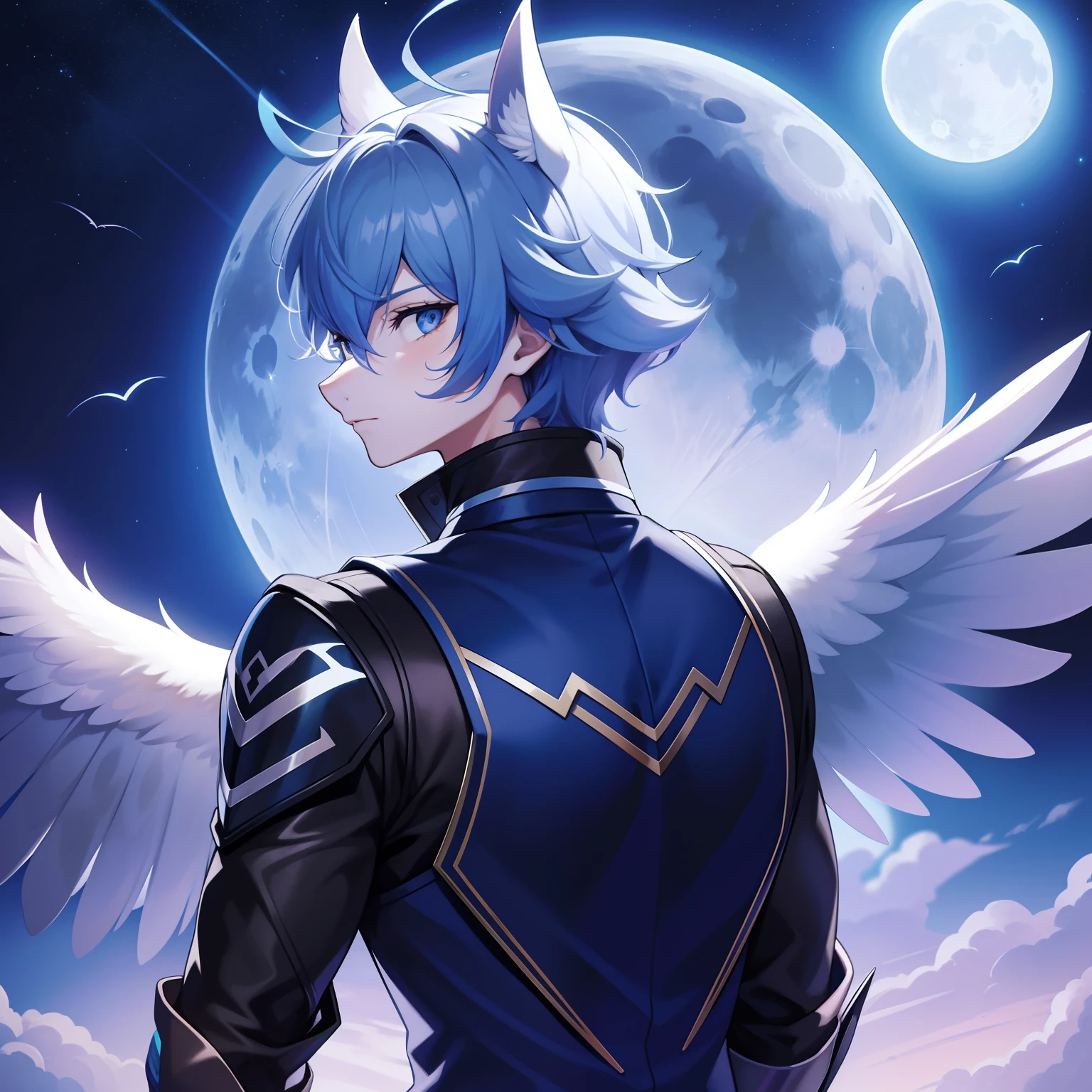 （tmasterpiece）（Best Picture Quality）Moon Night，Back Shadow，Turn Back，Clear the face，blue color eyes，hawk，young  male，Animal，army suit，Moon background，Fill light，furry