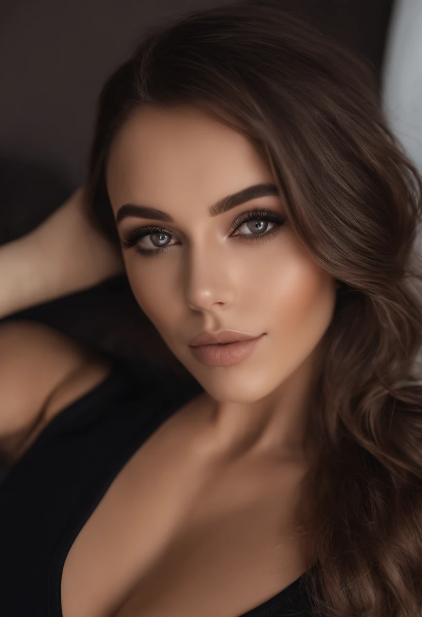 Woman with matching black tank top and panties, Sexy girl with brown eyes, ultra realistisch, Akribisch detailliert, portrait sophie mudd, brown hair and big eyes, Selfie einer jungen Frau, Augen im Schlafzimmer, Violet Myers, ohne Make-up, Natural makeup, Blick direkt in die Kamera, Gesicht mit Artgram, dezentes Make-up, Stunning full body shot, die auf dem Bett die Beine spreizt, im Schlafzimmer, medium to large bust size