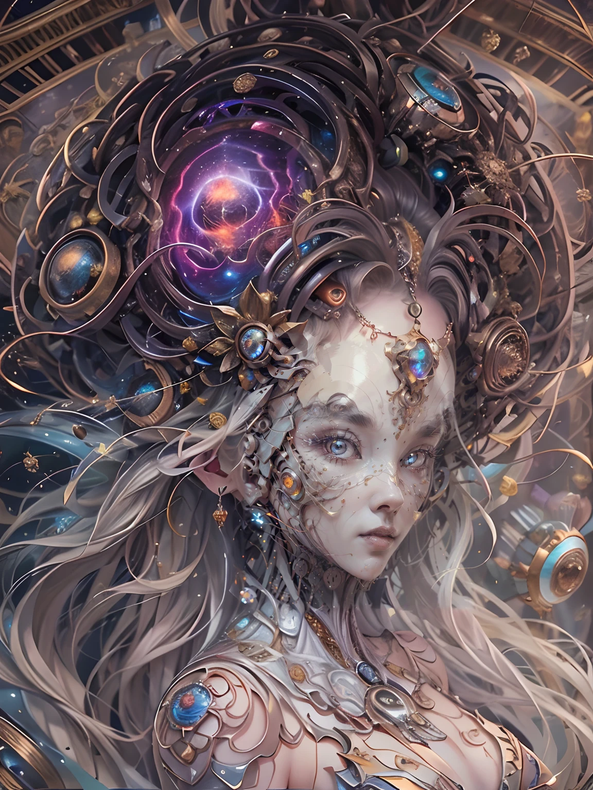 (best qualtiy,ultra - detailed,Most Best Illustration,Best shadow,tmasterpiece,A high resolution,professionalartwork,famousartwork),Detailed eyes,beautidful eyes,closeup cleavage,up body, sci-fy,colored sclera,Robot eyes,face markings,Tattooed with,(fractalized,Fractal eyes),largeeyes,Wide eyes,(Eye focus),sface focus,Cosmic eyes,Space eyes,Close-up of metal sculpture of a woman with a nebula in her hair,goddes。extremly high detail,3 d goddess portrait,Extremely detailed footage of the goddess,a stunning portrait of a goddess,Side image of the goddess,portrait of a beautiful goddess,Full body close-up portrait of the goddess,hecate goddess,portrait of a norse nebula goddess,goddess of space and time