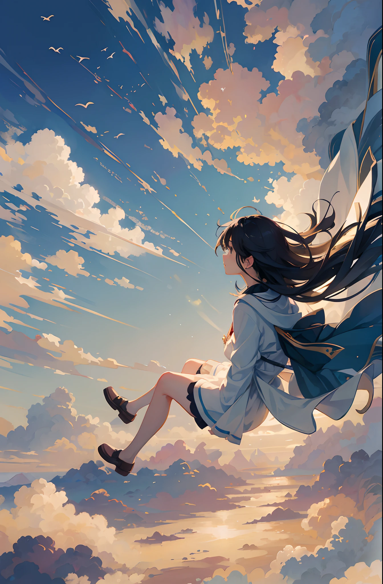 Create exquisite illustrations reminiscent of Makoto Shinkai's style, It has ultra-fine details and top-notch quality, Create illustrations featuring children frolicking freely in a calm sky of enchanting whims and nostalgic. The sky itself exudes an aura of enchantment and nostalgia, Dreamy casting, hazy atmospheres. It serves as their endless playground, Full of surprises and possibilities. When they soar through the air, Their laughter and joy are carried by the breeze, Creating an image of carefree exploration. The clouds above form a picturesque background, Add a dreamy nostalgic quality to your scenes. This moment is、zora々Capture the essence of vibrancy, The magic of flying, Eta、The timeless charm of the sky