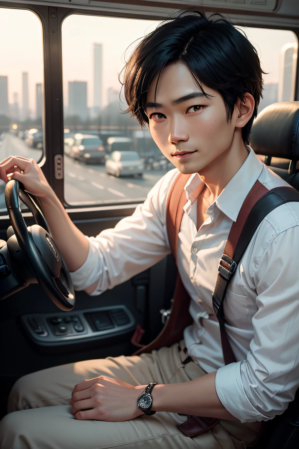 An Asian bus driver, poised and confident, with a hint of a smile that tells tales of countless journeys. Medium: Photography. Style: Reminiscent of classic portraitures with a modern twist. Lighting: Soft overhead lighting, highlighting the contours of his face. Colors: Warm hues with a touch of cityscape blues. Composition: Captured with a Canon EOS R5, RF 85mm f/1.2L USM lens, Resolution 45.0 megapixels, ISO sensitivity: 160, Shutter speed 1/125 second. --ar 16:9 --v 5.1 --style raw --q 2 --s 750