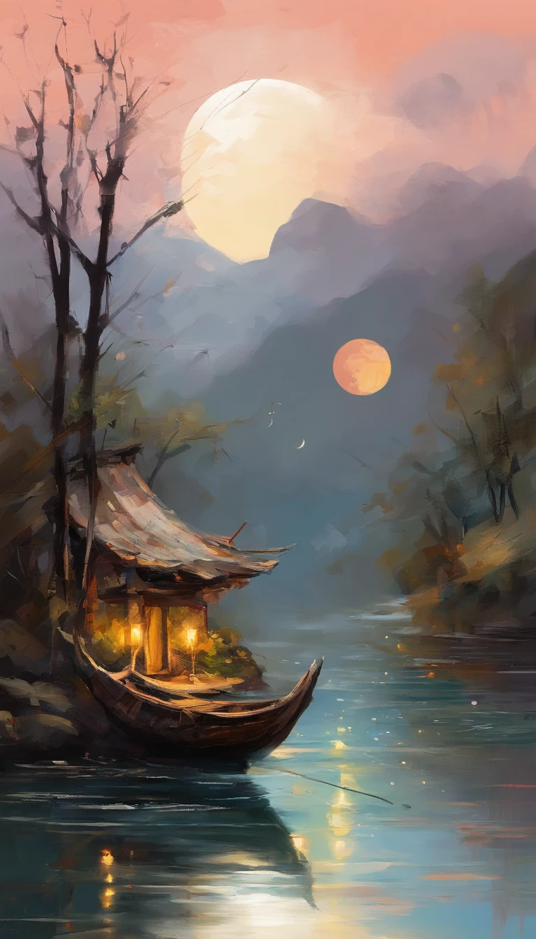 Night view of the old town，Seek and find，cheerless，The moon falls, the crescent moon falls into the lonely well，Fragmented，Bit by bit，There are flowers in dreams, green meadows in dreams，Long hair causes ripples，Shirabu Shishiiso，Kappa poles swing the boat，Crossing the ancient rare，（Small rivers），（Ancient boats），（There is a bright full moon in the distant night sky），（nighttime scene），（Ink painting style），8k wallpaper，cinema4d，Cinematic lighting effects，Tyndall，rendering by octane，White balance，Unreal 5，Extremely detailed picture，light particules，depth of fields，tmasterpiece，realisticlying，Mantra composition
