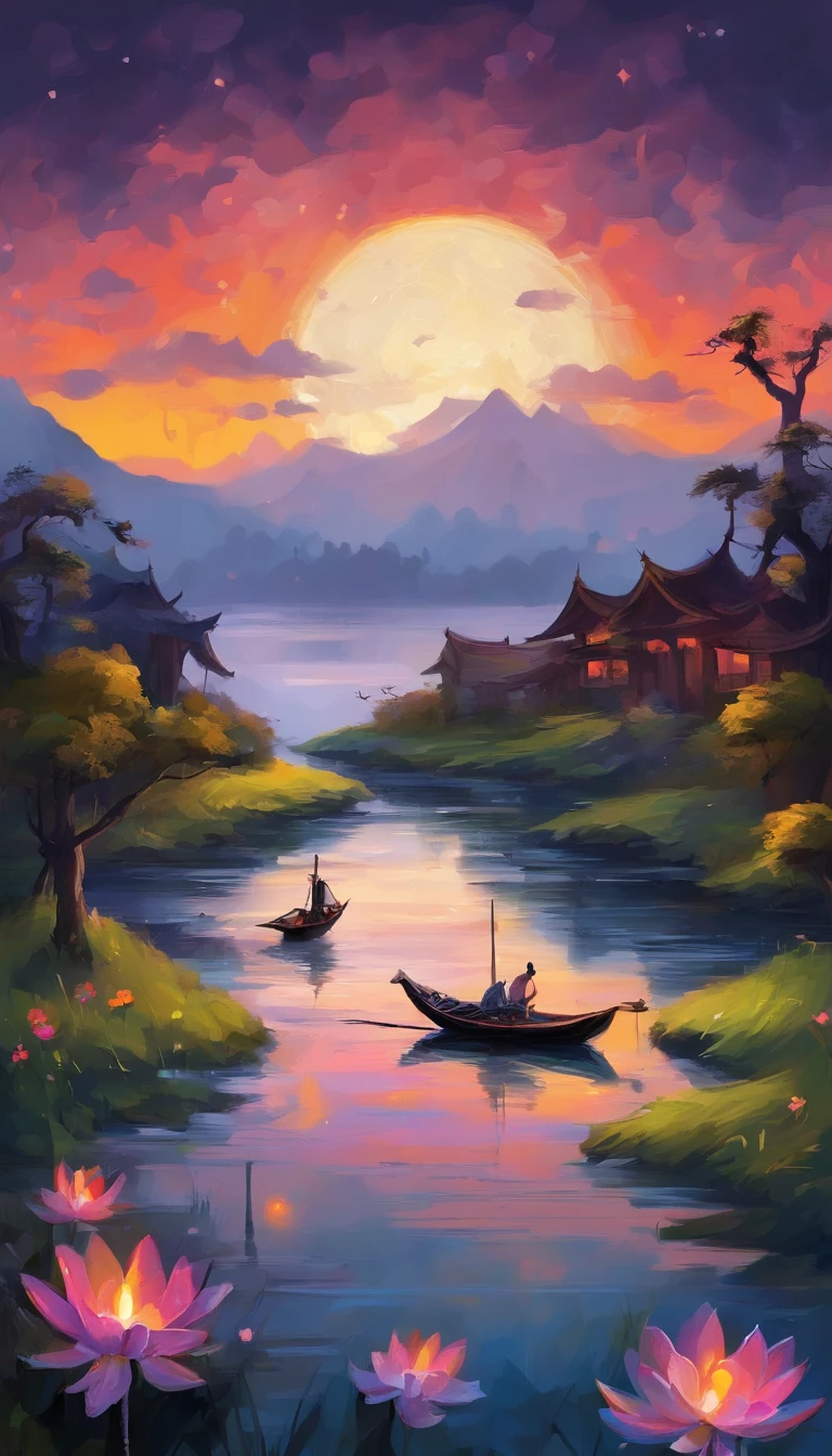 Night view of the old town，Seek and find，cheerless，The moon falls, the crescent moon falls into the lonely well，Fragmented，Bit by bit，There are flowers in dreams, green meadows in dreams，Long hair causes ripples，Shirabu Shishiiso，Kappa poles swing the boat，Crossing the ancient rare，（Small rivers），（Ancient boats），（There is a bright full moon in the distant night sky），（nighttime scene），（Ink painting style），8k wallpaper，cinema4d，Cinematic lighting effects，Tyndall，rendering by octane，White balance，Unreal 5，Extremely detailed picture，light particules，depth of fields，tmasterpiece，realisticlying，Mantra composition