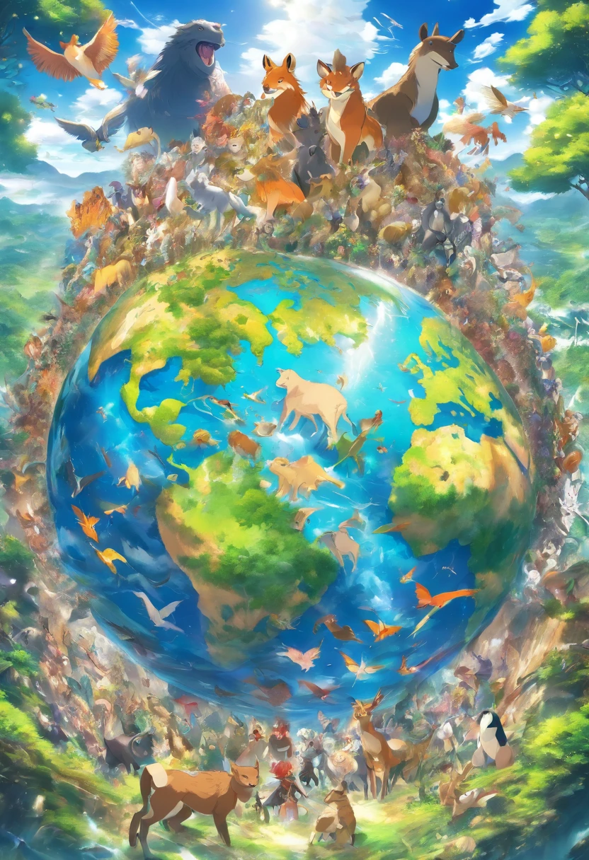 A large world globe, surrounded by a diversity of wild animals