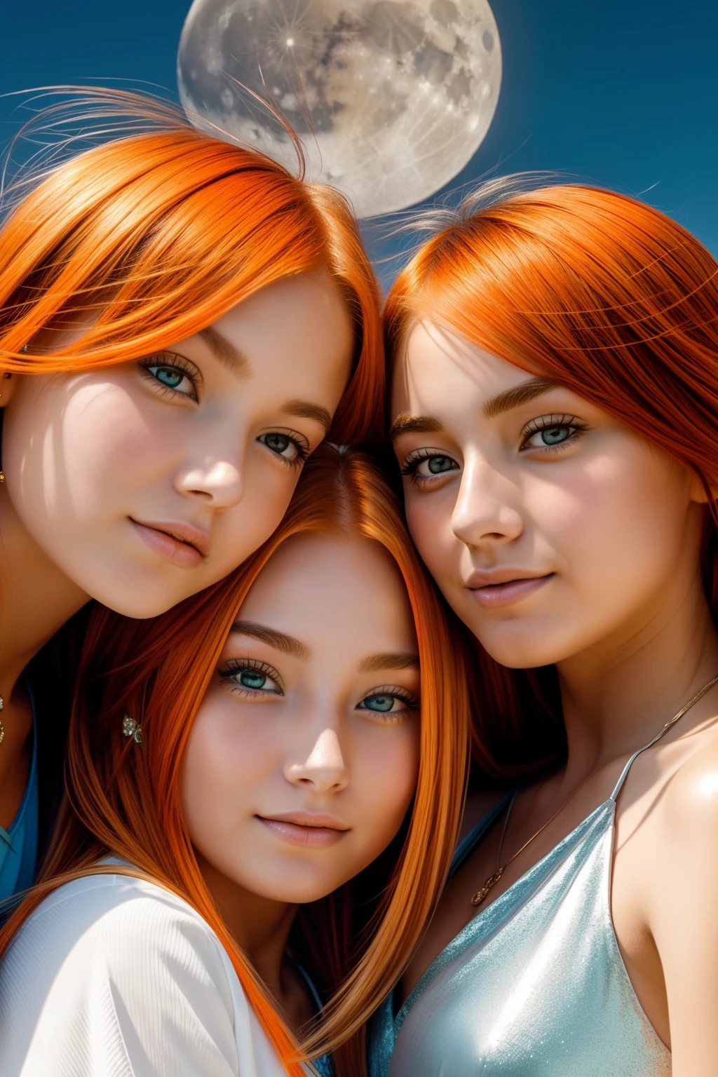 close up, moon goddess with short orange hair; embracing her ((two daughters)), 19 year old daughter blonde hair; and her daughter long brown hair, mystical full moon energy, Sparkling eyes, symmetrical faces, looks int the camera