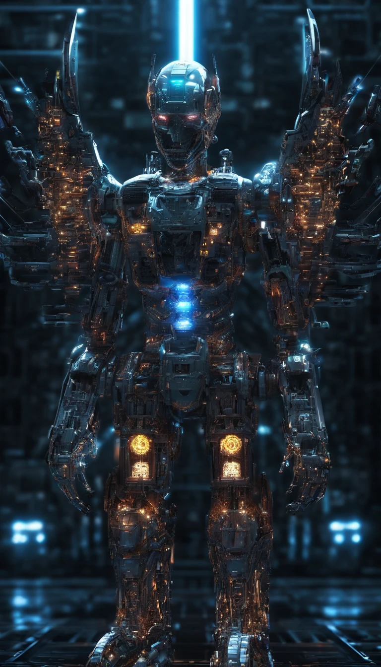 Cosmic Fallen Angel, glowing light eyes, Biomechanical, eerie, Creepy, nightmarish, Very bright colors, Light particles, with light glowing, Mshiv, wallpaper art, UHD wallpaper