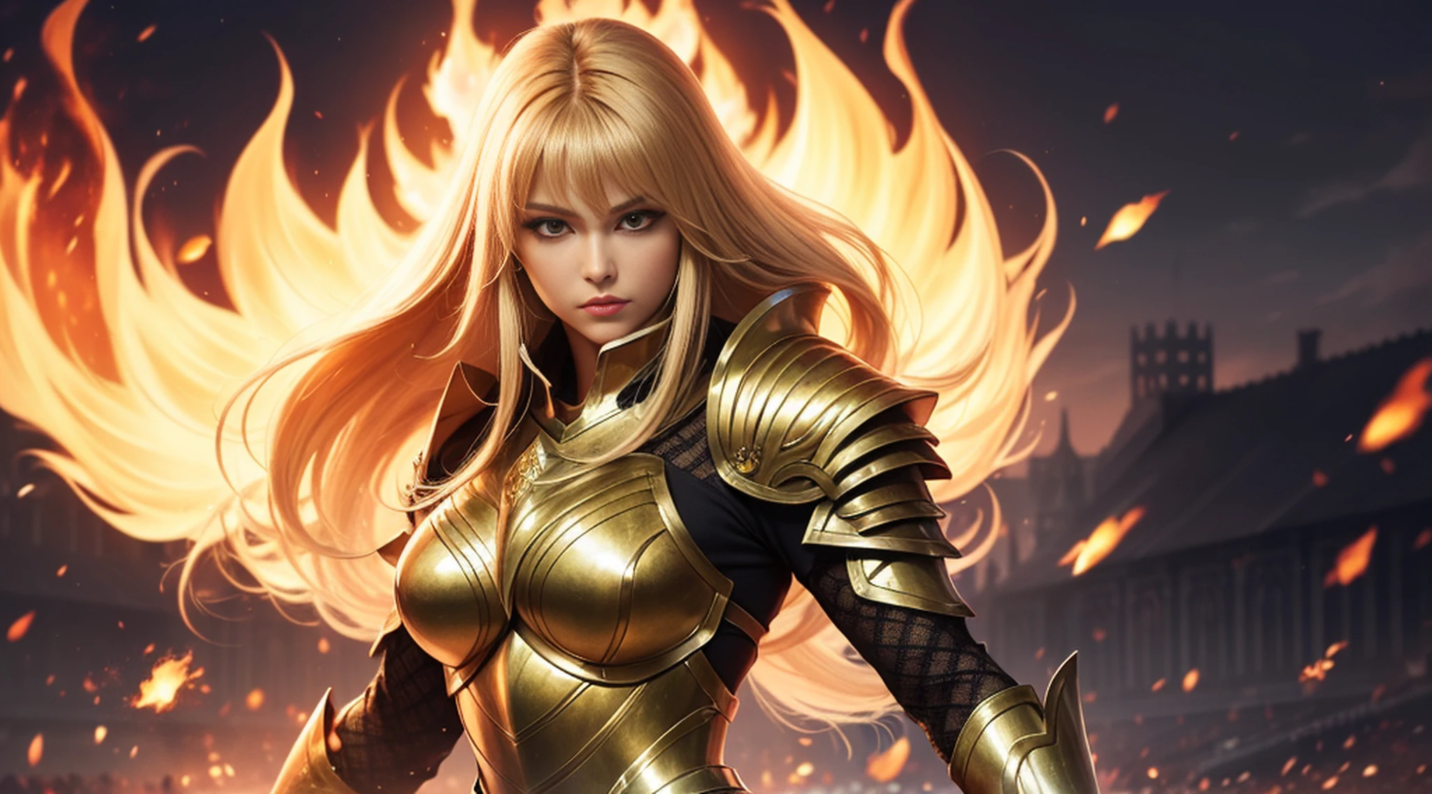 (1girl), wearing a heavy knight armor, dark armor, intricate black and gold armor details, intricate beautiful green fields, legendary, futuristic, saint seiya, long blonde hair, muscular, power pose, highly detailed background, fire in the eyes, aura power, highly detailed