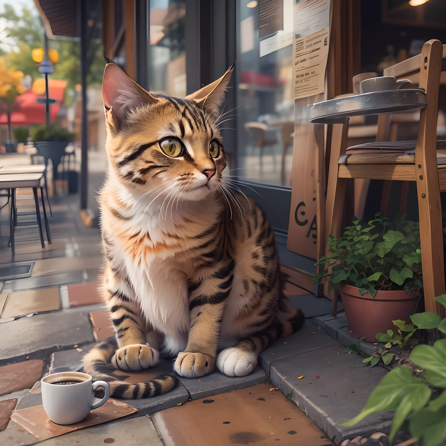 one cat outside the coffee shop, masterpiece, high quality, 8K, high resolution.