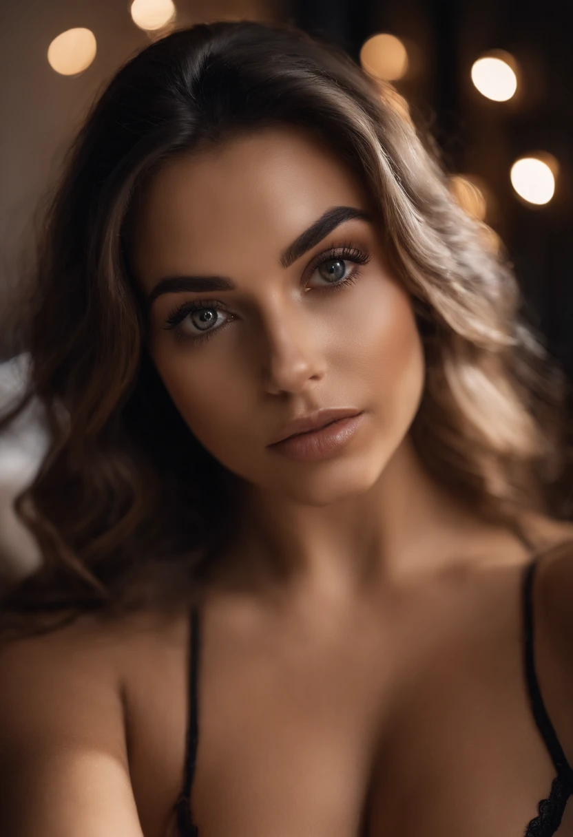 Arafed woman with small bikini, Chica sexy con ojos marrones, tetas grandes, Retrato Sophie Mudd, cabello negro y ojos grandes, selfie de una mujer joven, Ojos del dormitorio, Violeta Myers, sin maquillaje, Maquillaje natural, staring directly into camera, cara con artgram, maquillaje sutil, Impresionante foto de cuerpo completo, con lenceria negra , escote , en la cama