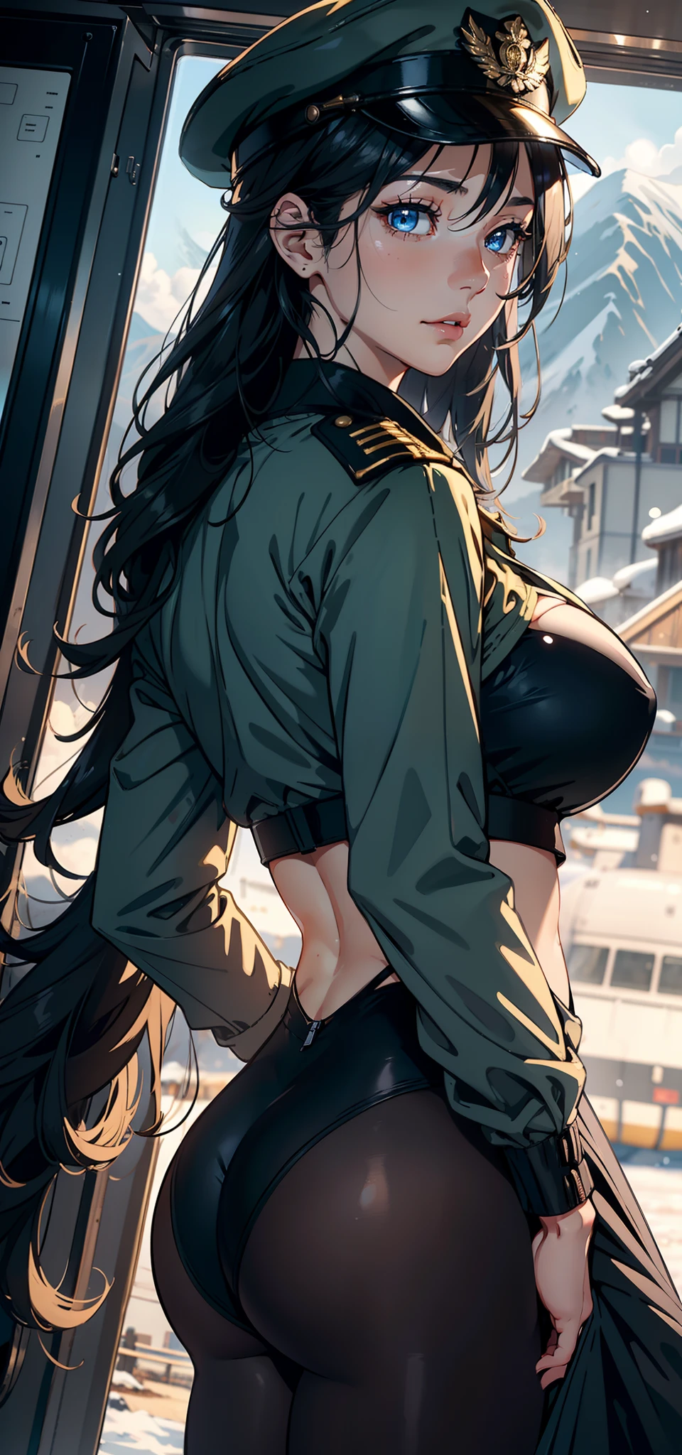 1female,35yo,plumw,extremely large bosom, 独奏,(Background with:aerodrome,Planes,snow mountains,at winter season,Snow on the ground,exteriors,) She has long black hair,Stand on the plane,,seen from the front, hair straight, mostly cloudy sky,(((tmasterpiece),(Very detailed CG unity 8K wallpaper),best qualtiy,cinmatic lighting,detailed back ground,beatiful detailed eyes,Bright pupils,Blue eyes,(Very fine and beautiful),(Beautiful and detailed eye description),ultra - detailed,tmasterpiece,)),facing at camera,A high resolution,ultra - detailed),revealing breasts,Bare genitalia, Bulge,legs are open,Raised sexy,Camel toes,Flushed complexion,Desire for dissatisfaction,frontage,Italian Air Force,Aviator,Officer's cap(Wearing:Dark green baseball jacket,Black pantyhose,Gold wire embroidery)