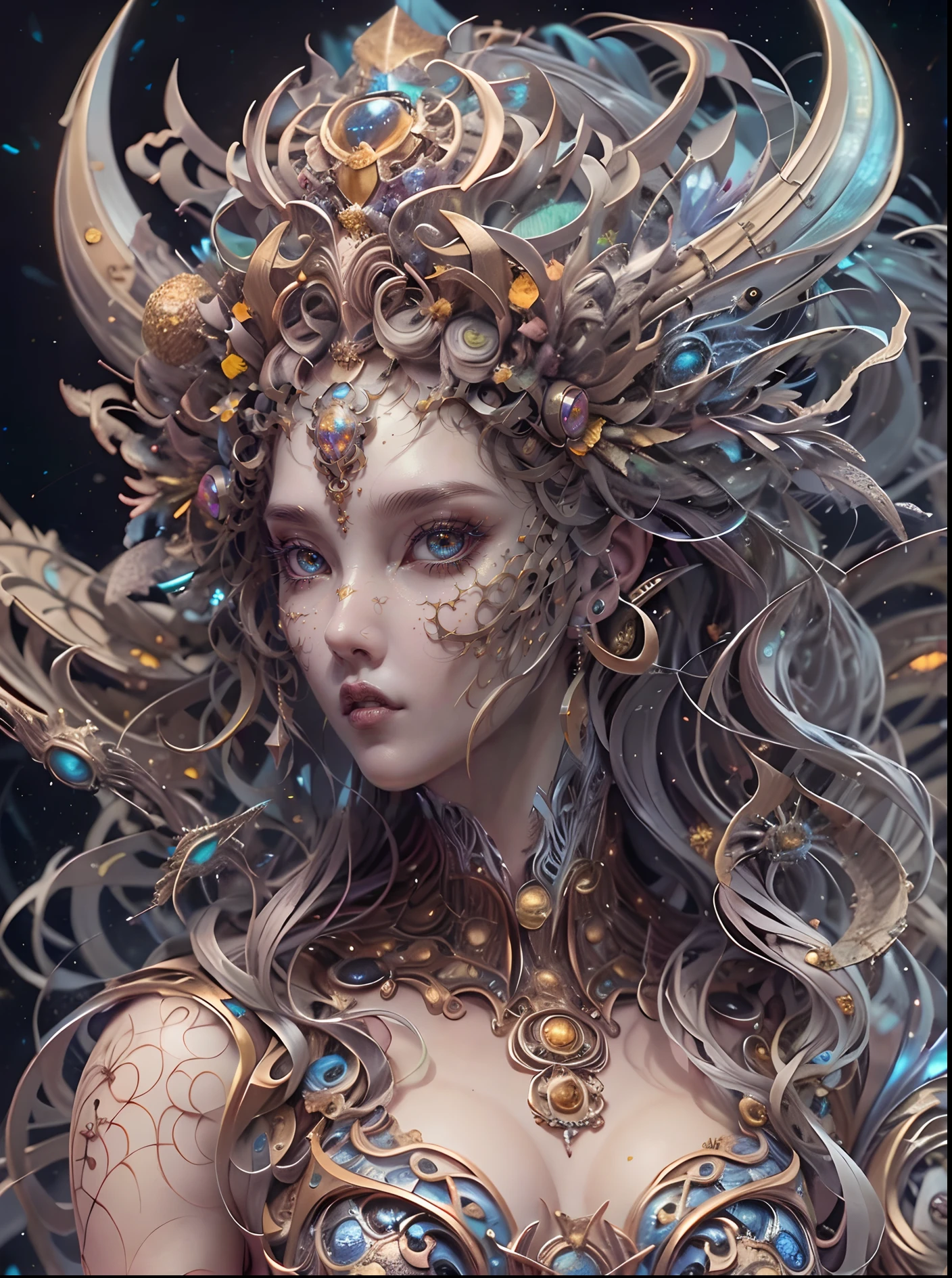 （best qualtiy，ultra - detailed，Most Best Illustration，Best shadow，tmasterpiece，A high resolution，professionalartwork，famousartwork），Detailed eyes，beautidful eyes，closeup cleavage，up body, sci-fy，colored sclera，Robot eyes，face markings，Tattooed with，（fractalized，Fractal eyes），largeeyes，Wide eyes，（Eye focus），sface focus，Cosmic eyes，Space eyes，Close-up of metal sculpture of a woman with a nebula in her hair，goddes。extremly high detail，3 d goddess portrait，Extremely detailed footage of the goddess，a stunning portrait of a goddess，Side image of the goddess，portrait of a beautiful goddess，Full body close-up portrait of the goddess，hecate goddess，portrait of a norse nebula goddess，goddess of space and time