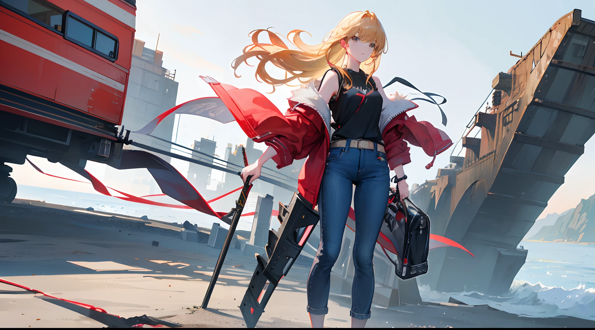 Solo,Holding the Shang Fang Sword,A tall female college student,Big blonde waves,Hair length and shoulders,green pupills,Northeast big red cotton jacket,blue denim pants,black sneaker shoes,Carrying a black guitar backpack,Stand on top of an RV,eventide,wasteland