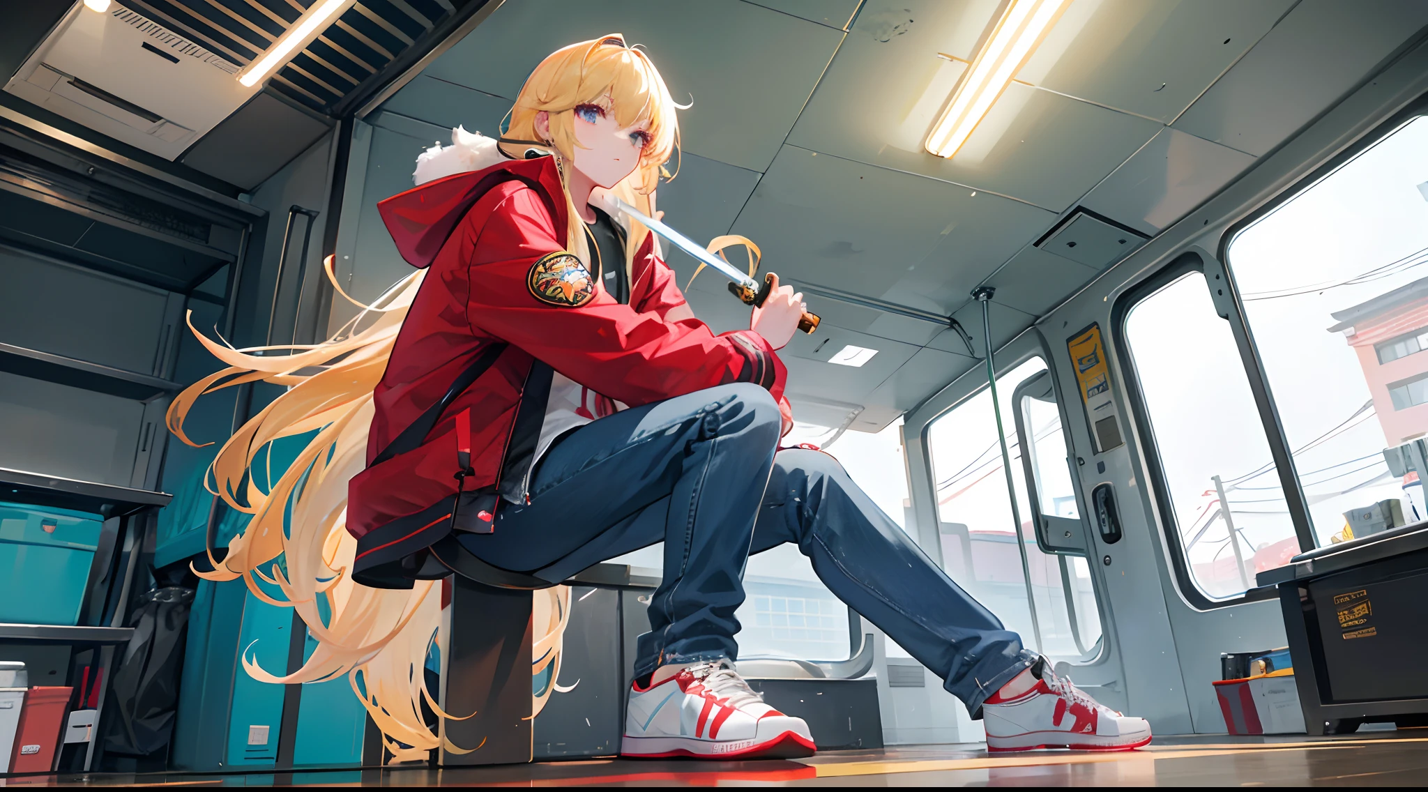 Solo,Holding the Shang Fang Sword,A tall female college student,Big blonde waves,Hair length and shoulders,green pupills,Northeast big red cotton jacket,blue denim pants,black sneaker shoes,Carrying a black guitar backpack,Stand on top of an RV,eventide,wasteland