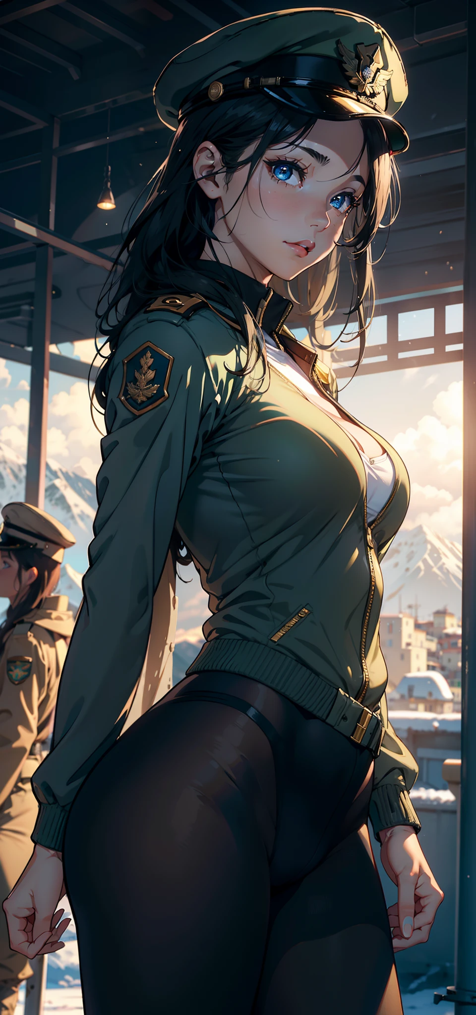 1female，35yo，A MILF，mature，plumw，extremely large bosom， 独奏，（Background with：aerodrome，Planes，snow mountains，at winter season，Snow on the ground） She has long black hair，Dual horsetail standing on the plane，，seen from the front， hair straight， mostly cloudy sky，（（（tmasterpiece），（Very detailed CG unity 8K wallpaper），best qualtiy，cinmatic lighting，detailed back ground，beatiful detailed eyes，Bright pupils，Blue eyes，（Very fine and beautiful），（Beautiful and detailed eye description），ultra - detailed，tmasterpiece，）），facing at camera，A high resolution，ultra - detailed），revealing breasts，Bare genitalia，  Bulge，legs are open，Raised sexy，Camel toes，Flushed complexion，Desire for dissatisfaction，frontage，Chinese Air Force，Officer's cap（Wearing：Dark green bomber jacket，Black pantyhose）