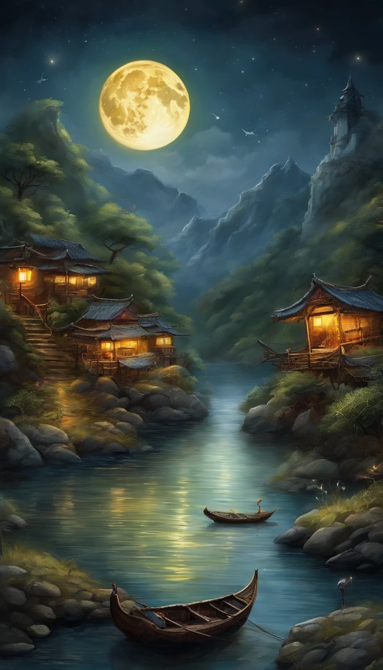 Night view of the old town，Seek and find，cheerless，The moon falls, the crescent moon falls into the lonely well，Fragmented，Bit by bit，There are flowers in dreams, green meadows in dreams，Long hair causes ripples，Shirabu Shishiiso，Kappa poles swing the boat，Crossing the ancient rare，（Small rivers），（Ancient boats），（There is a bright full moon in the distant night sky），（nighttime scene），（Ink painting style），8k wallpaper，cinema4d，Cinematic lighting effects，Tyndall，rendering by octane，White balance，Unreal 5，Extremely detailed picture，light particules，depth of fields，tmasterpiece，realisticlying，RAY