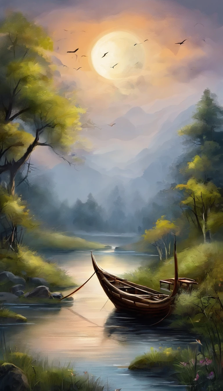 Night view of the old town,Seek and find,cheerless,The moon falls, the crescent moon falls into the lonely well,Fragmented,Bit by bit,There are flowers in dreams, green meadows in dreams,Long hair causes ripples,Shirabu Shishiiso,Kappa poles swing the boat,Crossing the ancient rare,(Small rivers),(Ancient boats),(There is a bright full moon in the distant night sky),(nighttime scene),(Ink painting style),8k wallpaper,cinema4d,Cinematic lighting effects,Tyndall,rendering by octane,White balance,Unreal 5,Extremely detailed picture,light particules,depth of fields,tmasterpiece,realisticlying,RAY