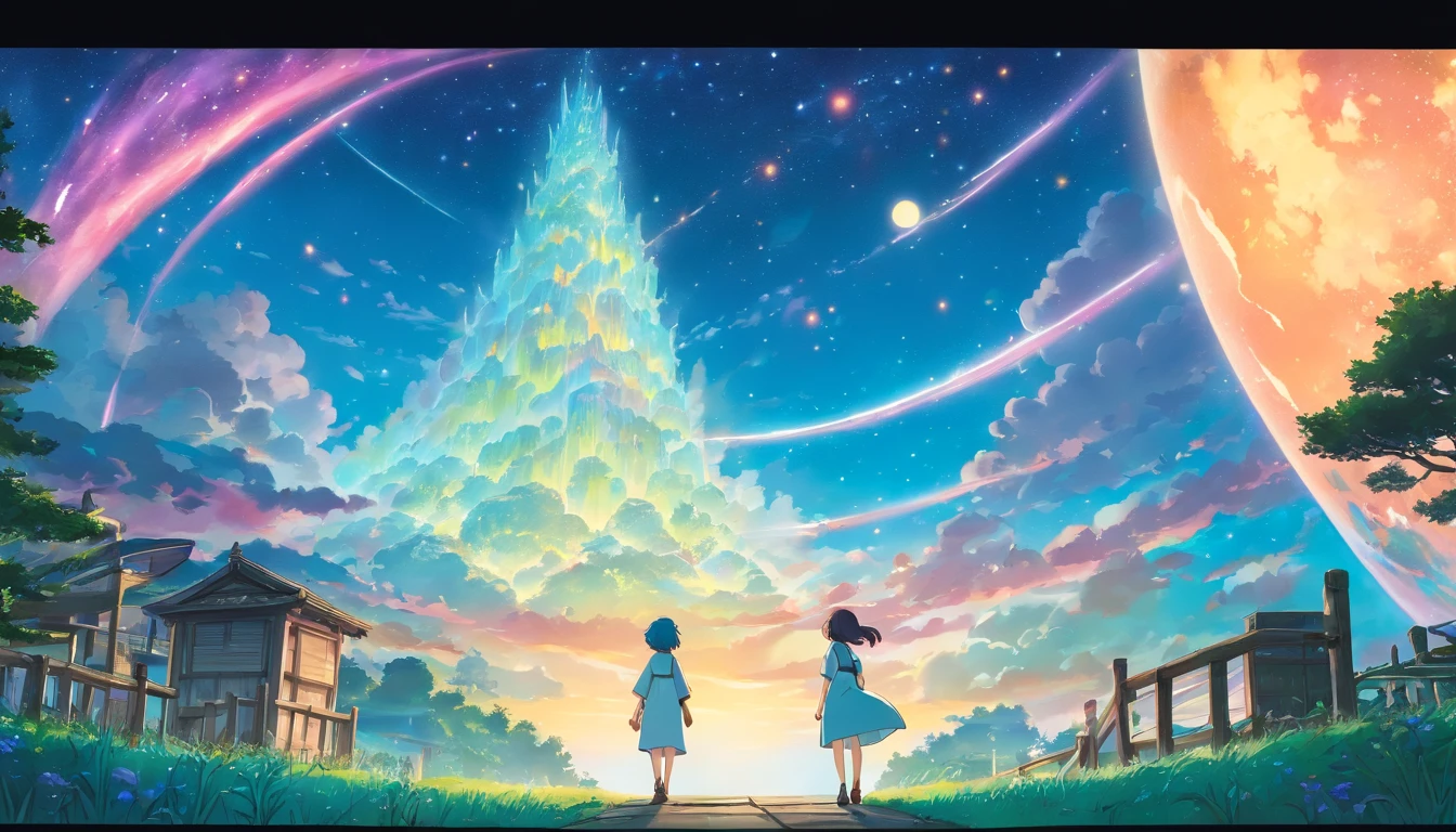 comic strip，Manhwa Style，Cartoon Split，starrysky，Translucent ethereal aliens，中景 the scene is，Full body like， highly detailed surreal vfx，oc rendered，