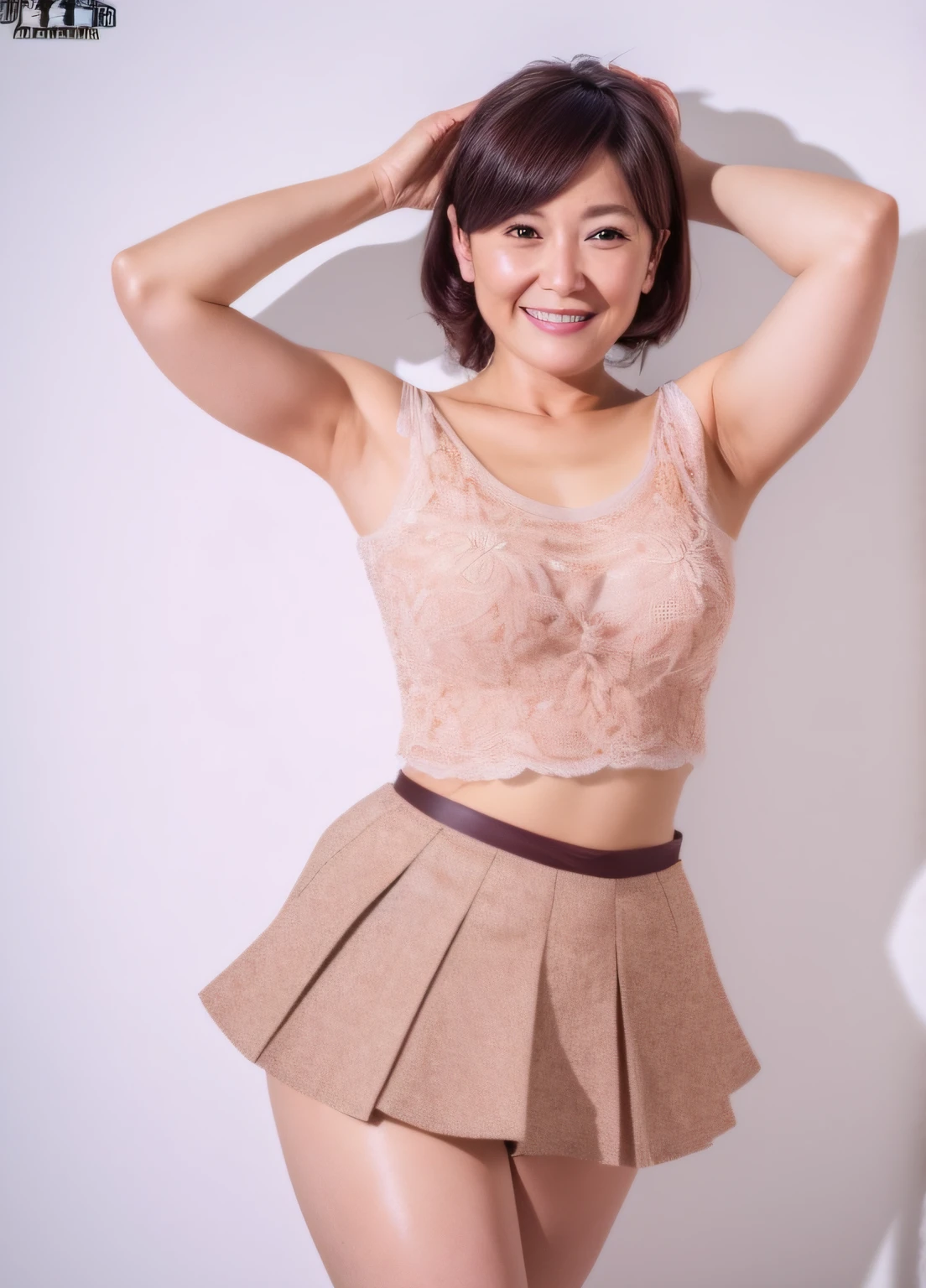 (4k, of the highest quality), (realisitic, photorealistic), (Yakián), 1 girl, Alone, (Attribution to viewers), perfect hand, looking_al_viewer, fair face, short hair, (nice breasts, neckline:1.2),18 years、Nogizaka Idol、porn star、korean idol、idol engraving, whole body,nice legs, White fitted t-shirt, Super mini pleated skirt, can you see panties, high heel, Tokyo Tower blurred background, pink panties, panty-in-skirt, skirt lift, (lace panties 2)