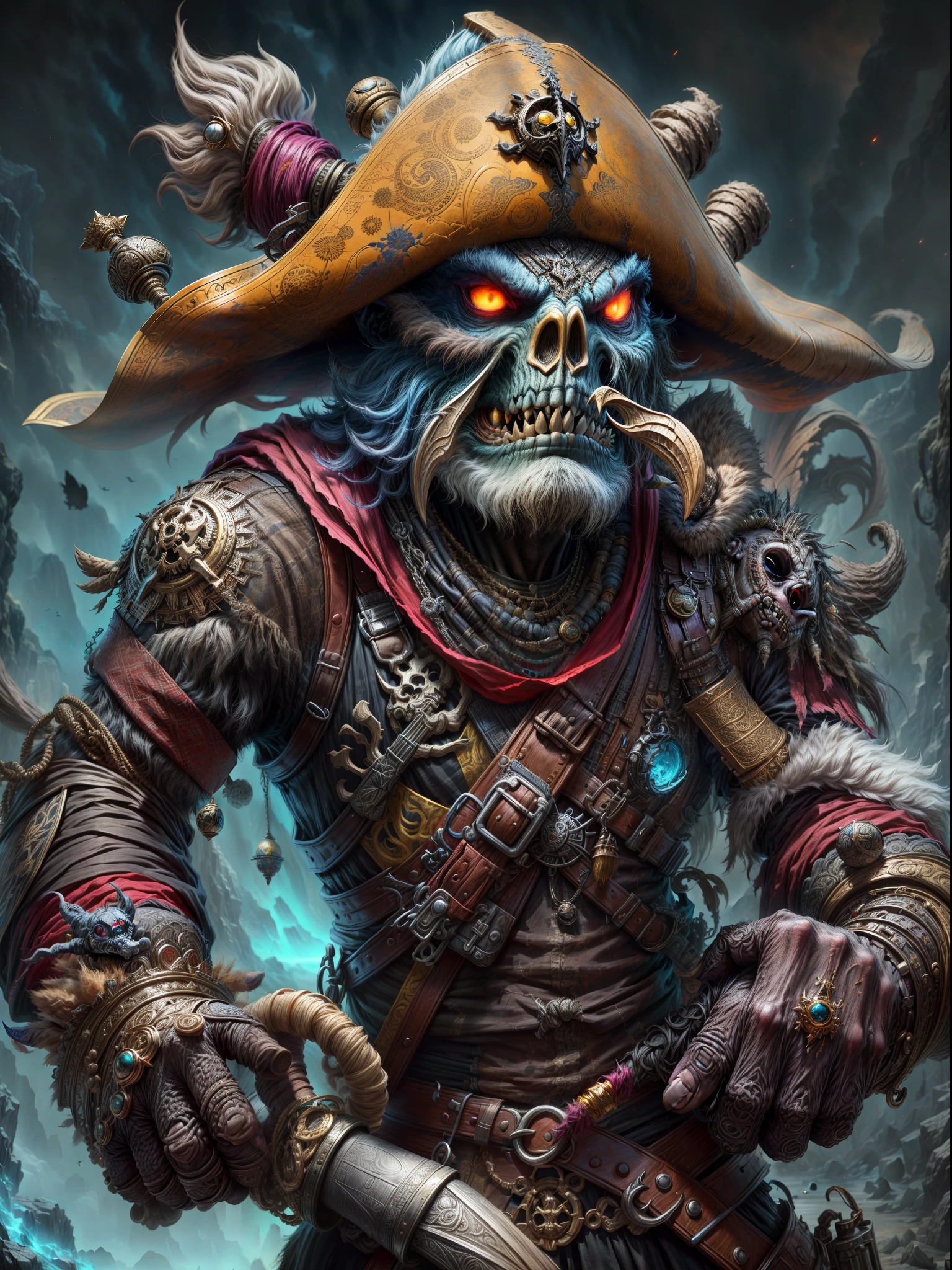 (best quality,ultra detailed) Gnashast, the pirate alien, is depicted with intricate and detailed features. He is characterized by his eccentric and absurd appearance. With two eyes positioned on his sides, his unique and otherworldly nature is emphasized. As a true pirate, he carries a weapon on his back, providing an air of danger and adventure. In his hand, he firmly grips another weapon, ready for action. The artwork showcases the astounding quality and attention to detail, capturing every aspect of Gnashast's appearance. The painting technique used is of the highest quality, allowing for a realistic portrayal of textures and surfaces. Every line and stroke are meticulously executed, resulting in an ultra-detailed and visually captivating image. Set against a vivid and contrasting background, Gnashast's vibrant and dynamic colors pop out, enhancing the overall visual impact of the artwork. The lighting is carefully crafted to highlight the features and depth of the character, giving the composition a sense of drama and intensity. Through this artwork, the artist explores the realm of absurdity, infusing it with high-quality craftsmanship and an abundance of intricate details. The portrayal of Gnashast, the pirate alien, serves as a testament to the artist's creativity and skill, creating a visually stunning masterpiece.