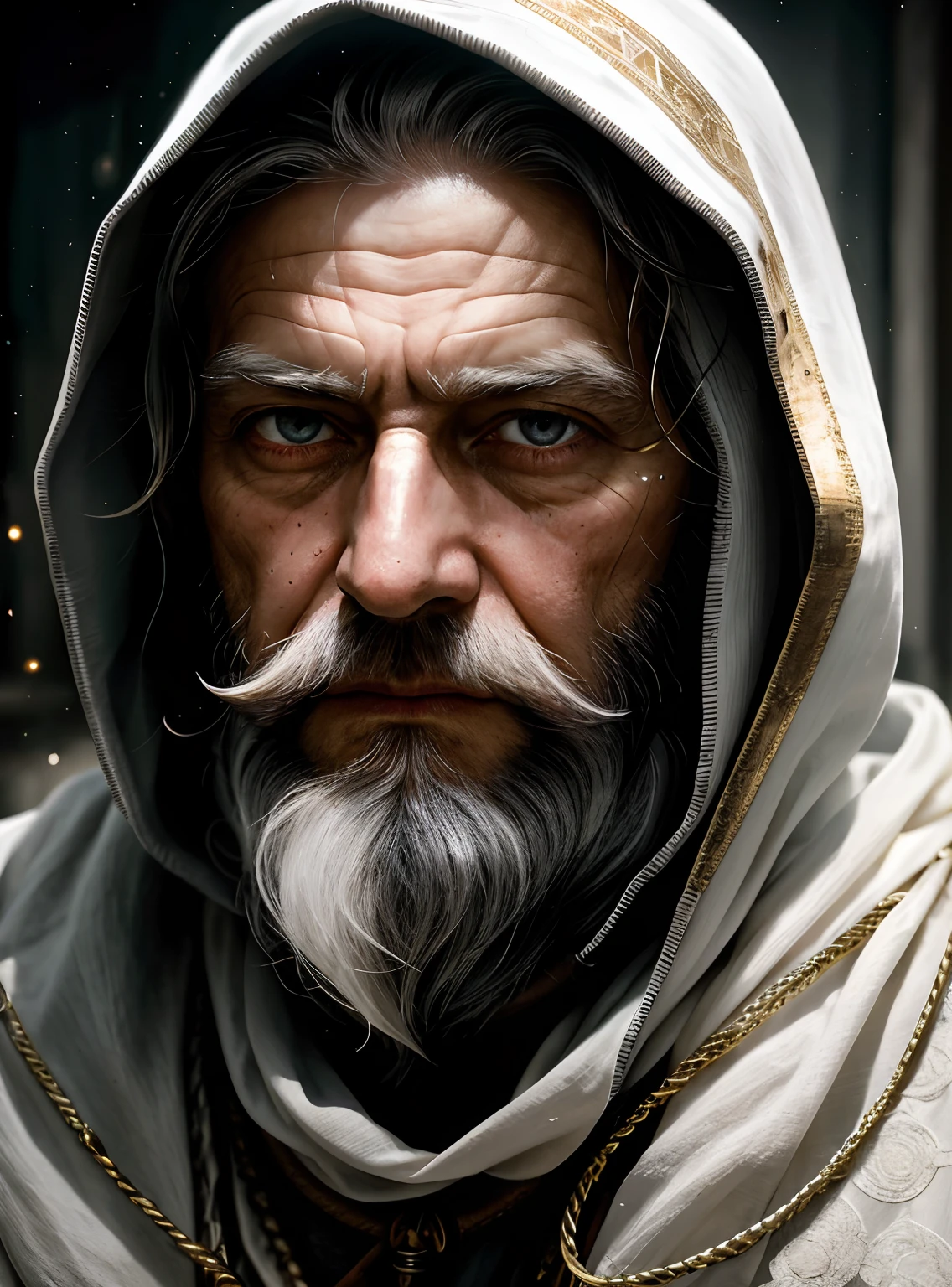 An epic close up portrait of elderly intense sinister eyes, and nose with long white beard, framed with a faded ancient tattered white linen hood, reflecting gold sparks in the irises of the eyes, white eyebrows, at night, dramatic lighting, high contrast, highest definition, hyperrealism, hyperrealistic, photorealistic, high resolution, hdr photography, 8k