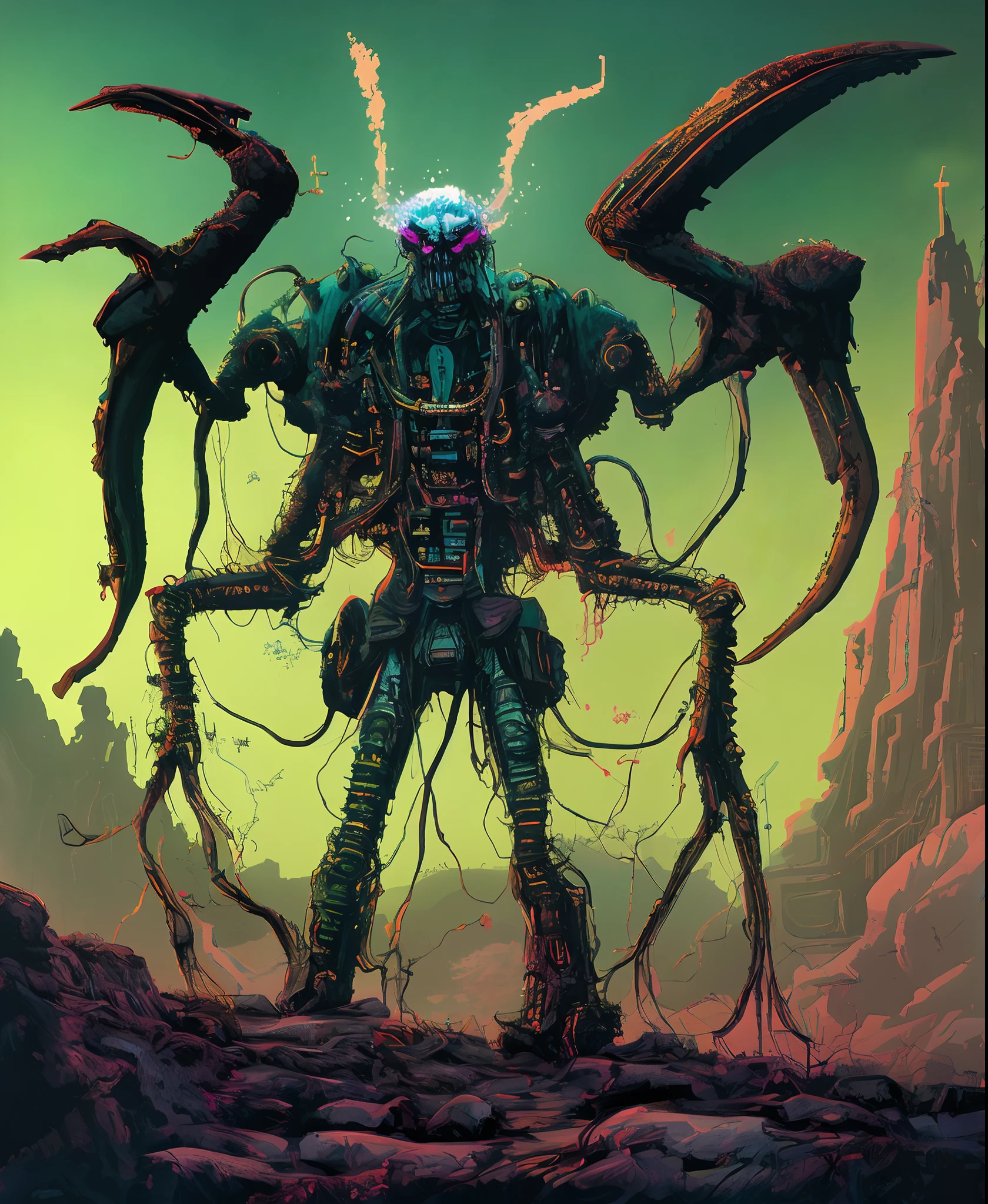 Envision a dark and desolate alien landscape, shrouded in perpetual twilight, where towering, nightmarish insectoid creatures with obsidian exoskeletons and menacing spikes on their limbs gather in colossal, ominous colonies, their sparkling green bionic weapons gleaming ominously, Illustration, using a combination of ink and digital painting techniques