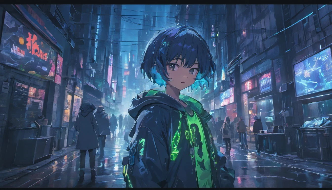 (best quality,ultra-detailed:1.2),(realistic:1.37),HDR,UHD,studio lighting,professional, vivid colors,bokeh,photo-realistic:1.37,portraits,landscape, concept artists,dark,night,neon lights,modern,cityscape,technology,noise reduction,high contrast,dystopian, futuristic,monochromatic,gloomy atmosphere,windows reflecting lights,high-rise buildings,glowing signs,glowing cybernetic implants on the boy's face,grimy streets,smoke-filled alleys,electric wires hanging in the air,laser beams cutting through the night sky,mist and fog,shadows casting dramatic effects,expressive facial features,emo haircut,hoodie and ripped jeans,high-top sneakers,illuminated digital displays,hovering cars,blinking holographic advertisements,open-air food stalls emitting mouth-watering aromas,falling rain blending with cybernetic glow,true-to-life skin tones,crisp details,impressive depth of field,immaculate texturing,metallic reflections,subtle lighting variations,cinematic color grading,meticulously crafted cyberpunk artwork.